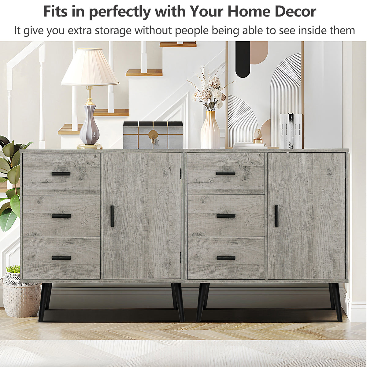Iwell Storage Cabinet with 3 Drawers & Adjustable Shelf, Sideboard Buffet Cabinet, Small Freestanding Floor Storage Unit, for Living Room, Home Office, Rustic Grey
