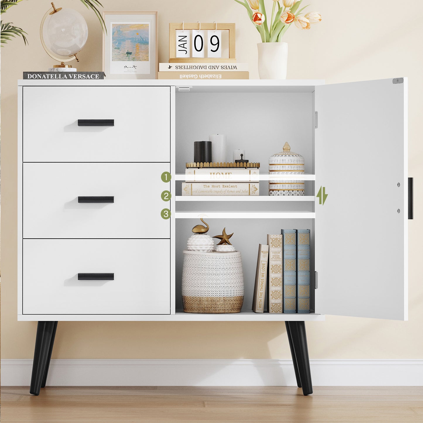 Iwell Storage Cabinet with 3 Drawers, Sideboard Buffet Cabinet with Adjustable Shelf, Freestanding Floor Storage Unit for Living Room, Entryway, Home Office, White