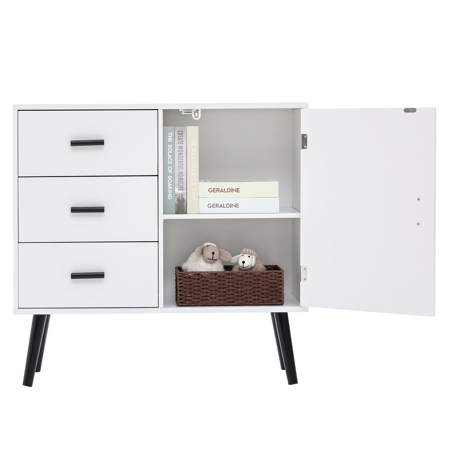 IWELL Storage Cabinet, Bathroom Storage Cabinet with Door and Adjustable Shelf, 3 Drawers Dresser for Bedroom, Kitchen Storage Cabinet, for Living Room, Entryway, White