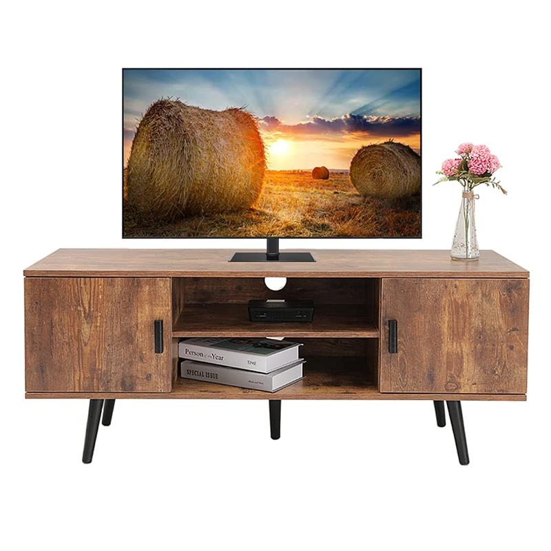 IWELL Mid-Century Modern TV Stand for 55 Inch TV, Entertainment Center TV Console with 2 Storage Cabinet and Shelves, TV Stand for Living Room/Bedroom, Rustic Brown