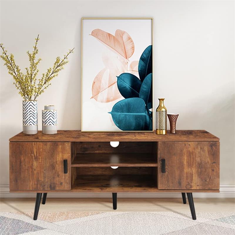 IWELL Mid-Century Modern TV Stand for 55 Inch TV, Entertainment Center TV Console with 2 Storage Cabinet and Shelves, TV Stand for Living Room/Bedroom, Rustic Brown