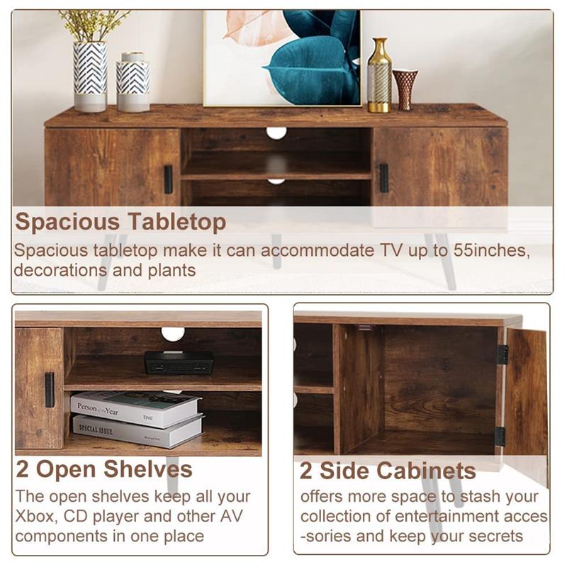 IWELL Mid-Century Modern TV Stand for 55 Inch TV, Entertainment Center TV Console with 2 Storage Cabinet and Shelves, TV Stand for Living Room/Bedroom, Rustic Brown
