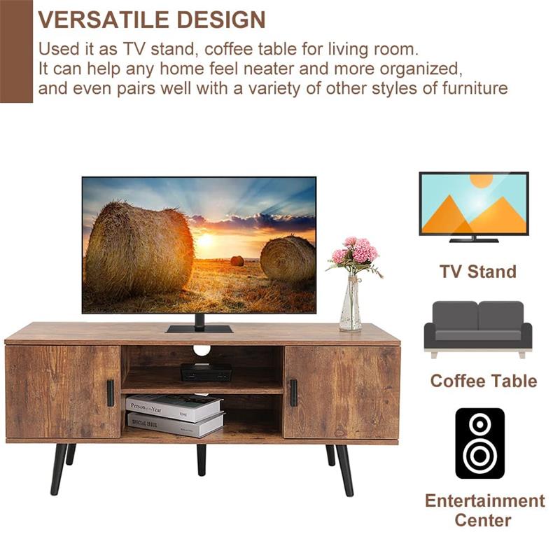 IWELL Mid-Century Modern TV Stand for 55 Inch TV, Entertainment Center TV Console with 2 Storage Cabinet and Shelves, TV Stand for Living Room/Bedroom, Rustic Brown