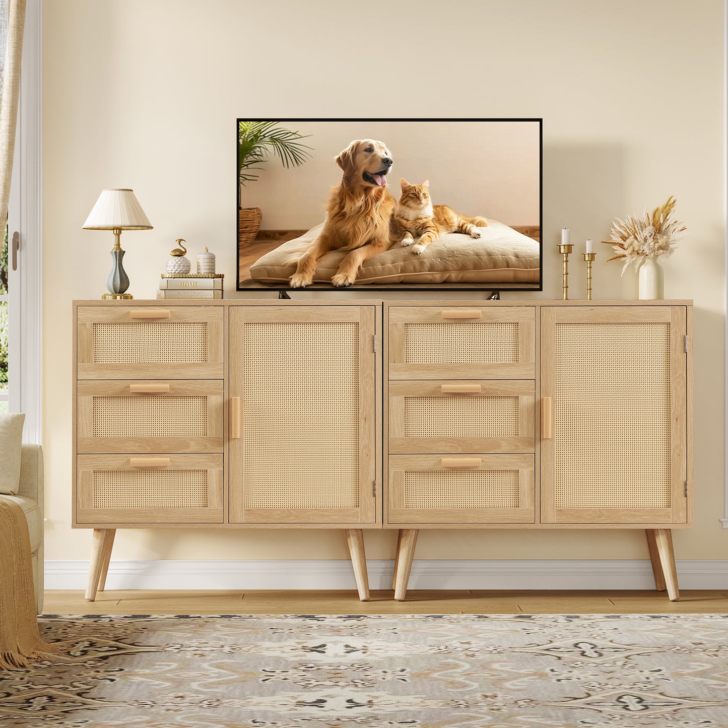 Iwell Storage Cabinet with 3 Drawers, Rattan Cabinet with Adjustable Shelf, Small Storage Cabinets, for Living Room, Entryway, Natural