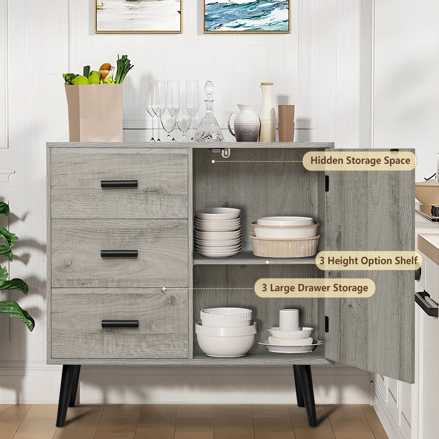 Iwell Storage Cabinet with 3 Drawers & Adjustable Shelf, Sideboard Buffet Cabinet, Small Freestanding Floor Storage Unit, for Living Room, Home Office, Rustic Grey
