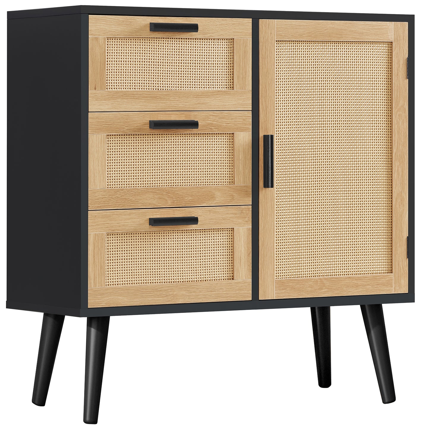 Iwell Storage Cabinet with Rattan Door & 3 Drawers, Rattan Cabinet with Adjustable Shelf, Sideboard Buffet Cabinets with Storage, Entryway Cabinets, for Living Room, Dining Room, Entryway, Black