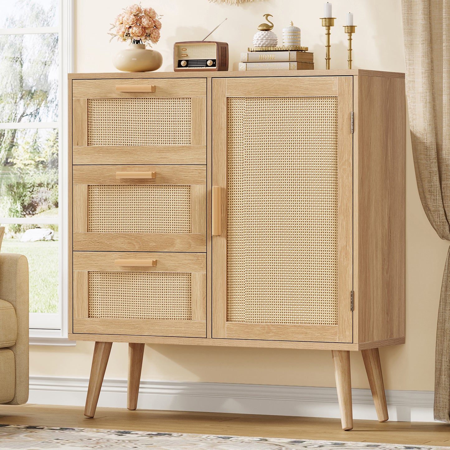 Iwell Storage Cabinet with 3 Drawers, Rattan Cabinet with Adjustable Shelf, Small Storage Cabinets, for Living Room, Entryway, Natural