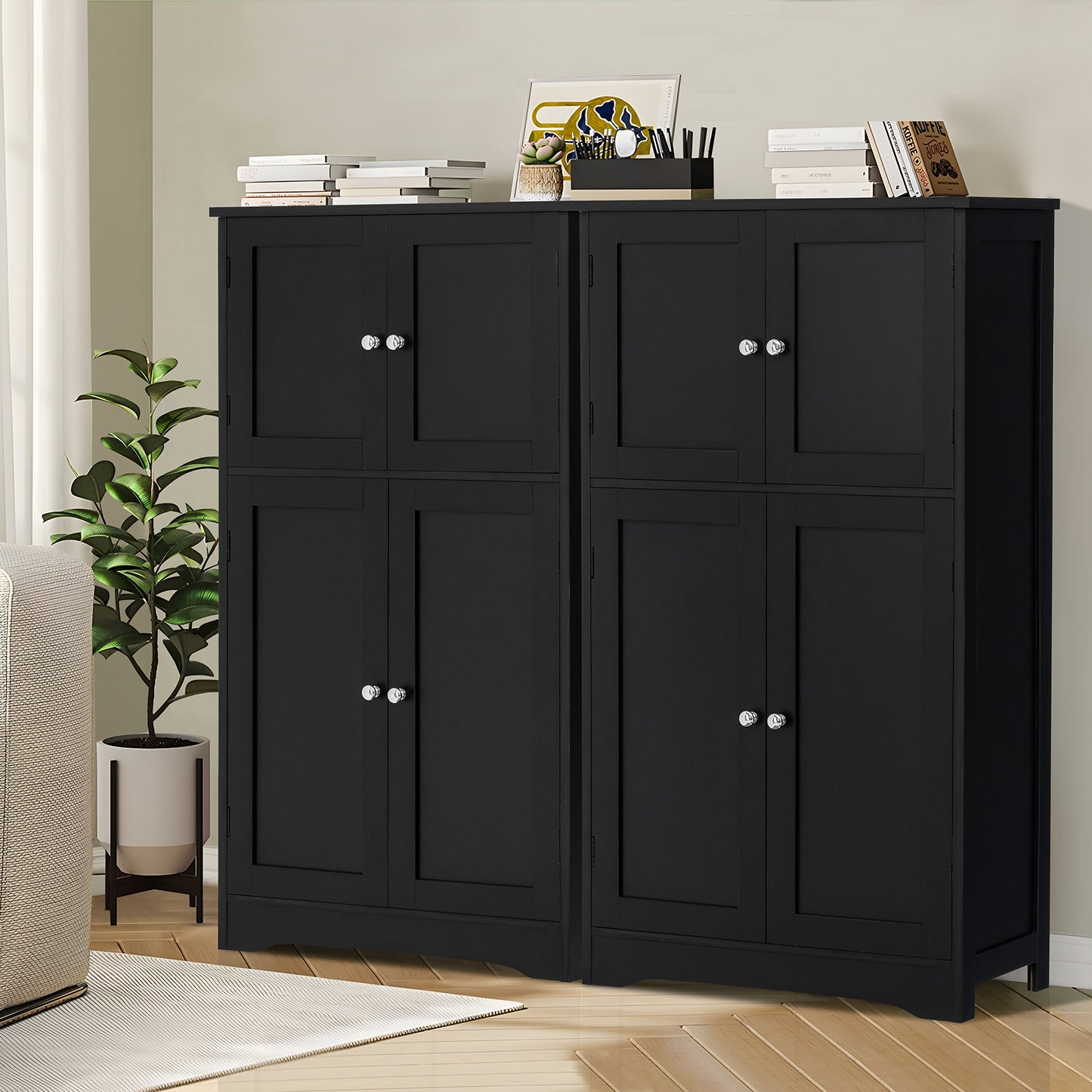 Iwell Storage Cabinet, Bathroom Storage Cabinet with 4 Doors & Adjustable Shelf, Storage Cabinet for Living Room, Entry, Home Office, Bedroom, Black