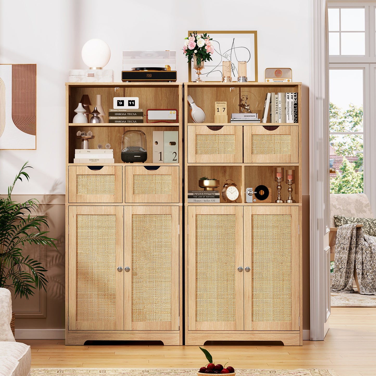 Iwell Tall Storage Cabinet, Rattan Cabinet with 2 Drawers & Adjustable Shelf, Kitchen Pantry Storage Cabient, Entryway Cabinet for Living Room, Dining Room, Home Office, Natural