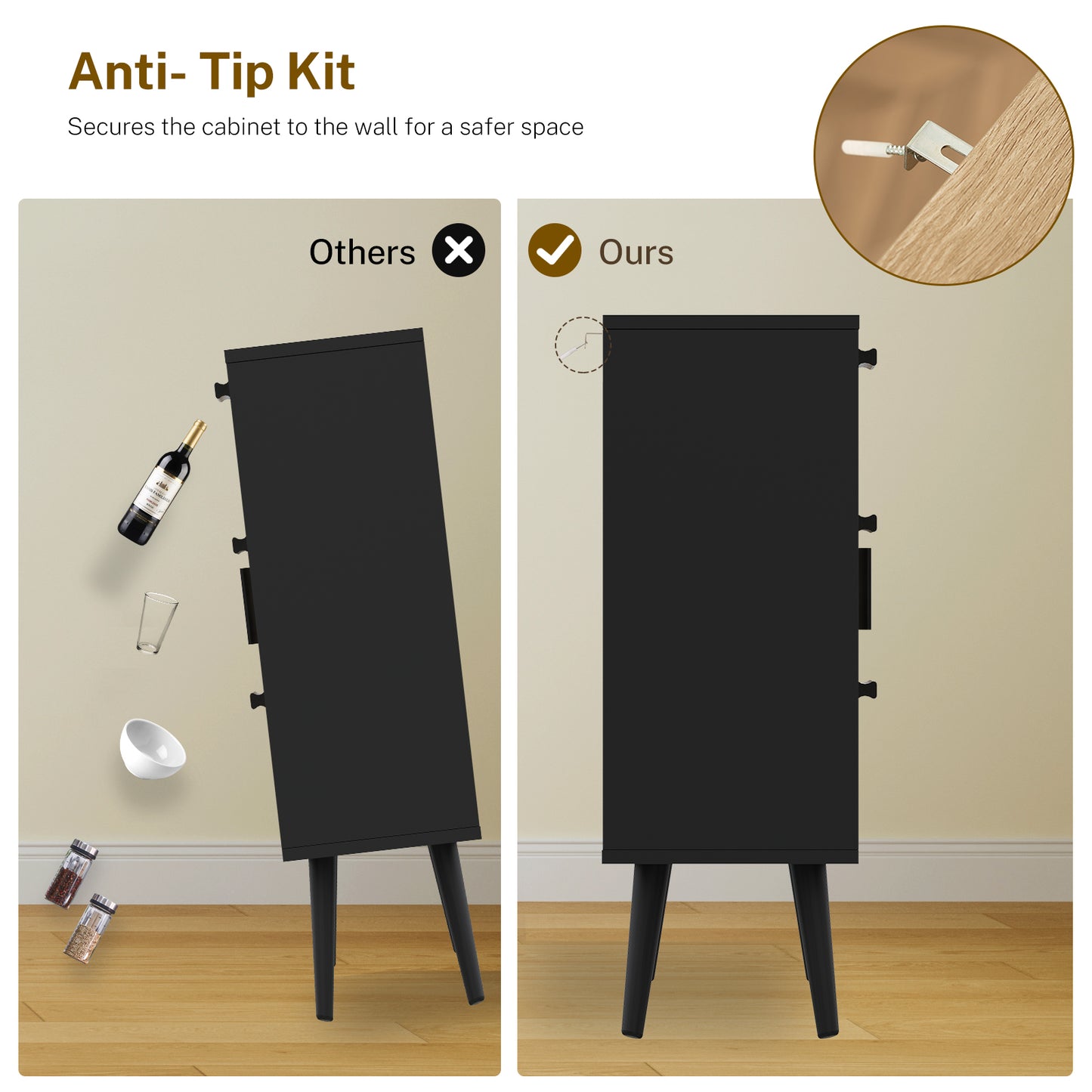 Iwell Storage Cabinet with Rattan Door & 3 Drawers, Rattan Cabinet with Adjustable Shelf, Sideboard Buffet Cabinets with Storage, Entryway Cabinets, for Living Room, Dining Room, Entryway, Black