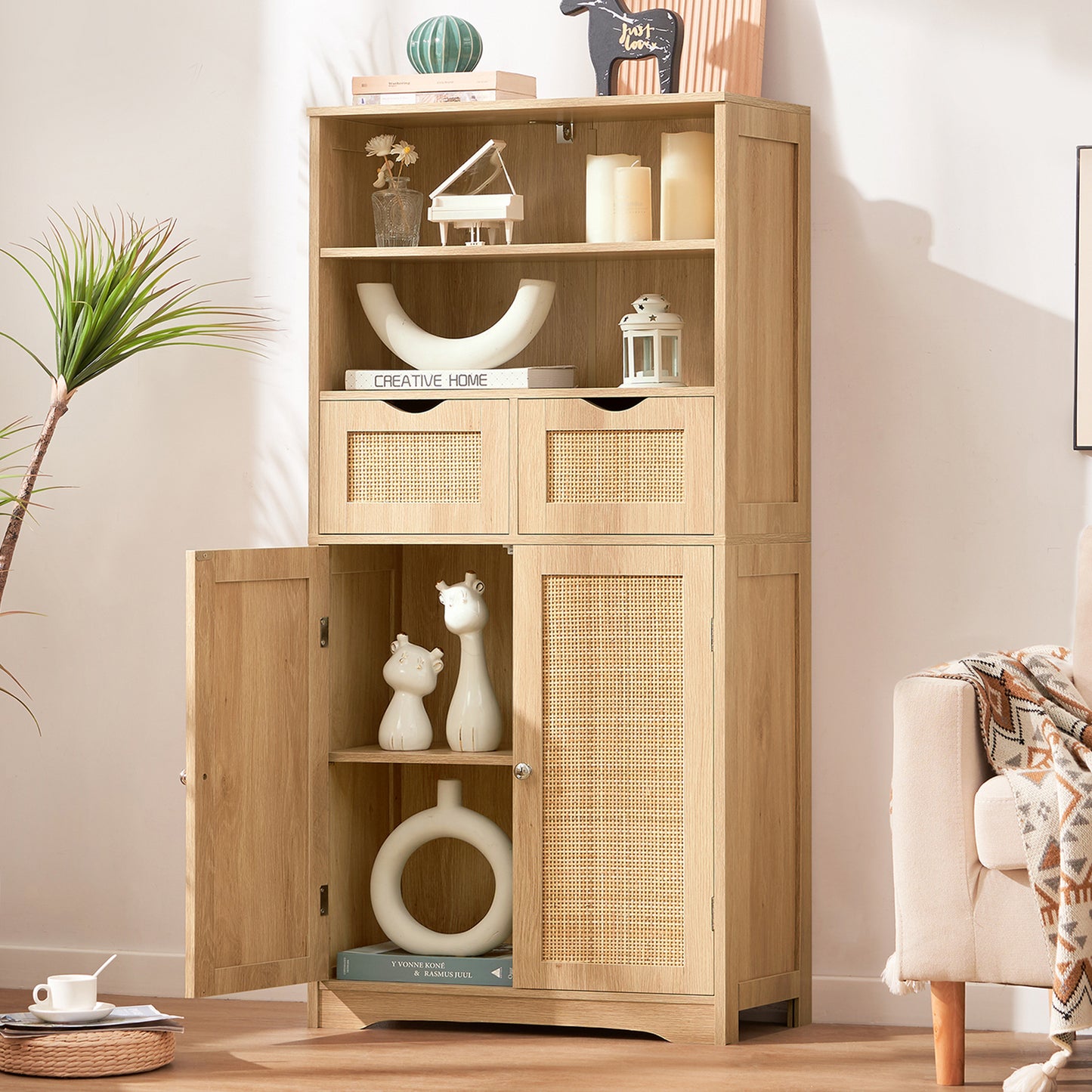 Iwell Tall Storage Cabinet, Rattan Cabinet with 2 Drawers & Adjustable Shelf, Kitchen Pantry Storage Cabient, Entryway Cabinet for Living Room, Dining Room, Home Office, Natural