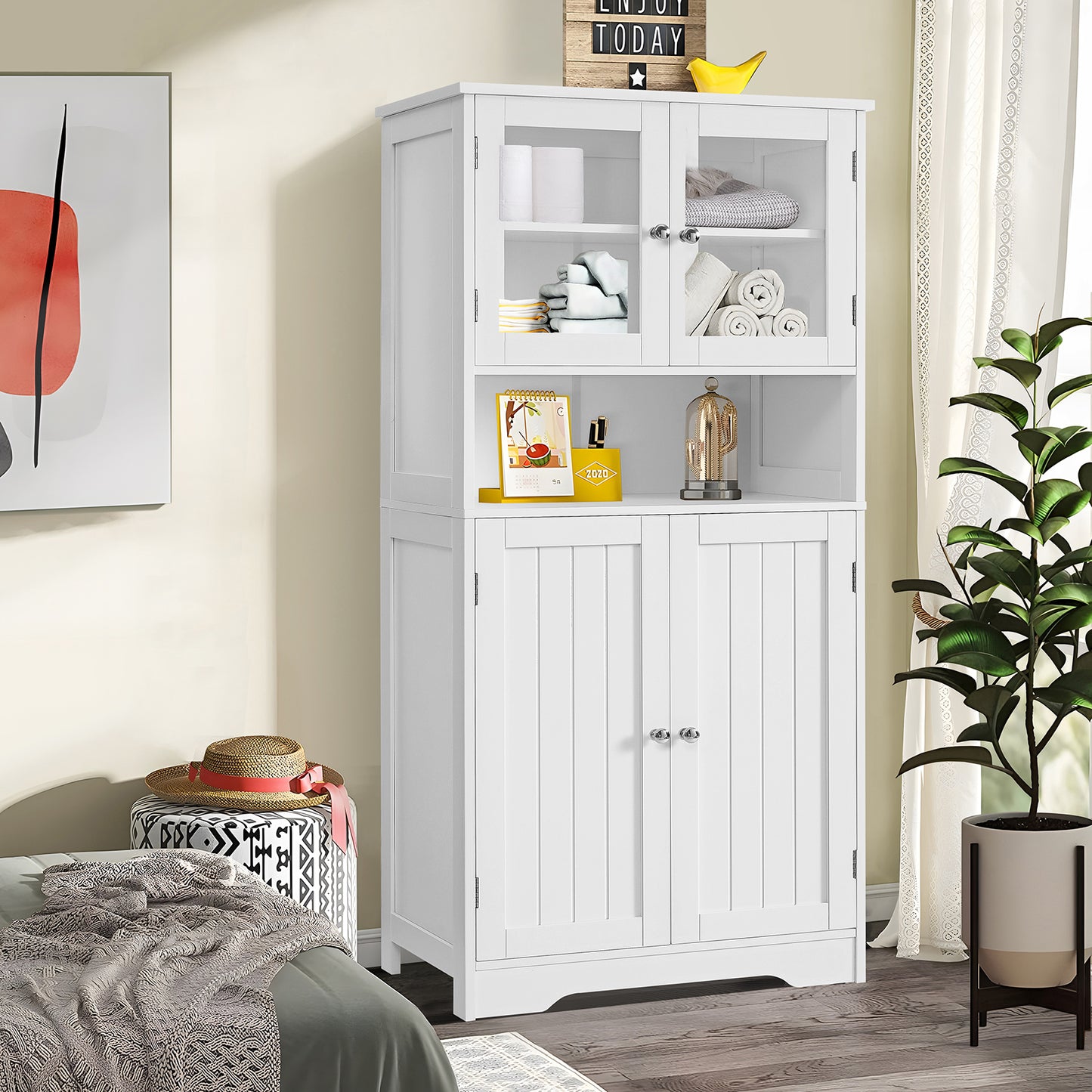 Iwell Tall Bathroom Cabinet, Bathroom Storage Cabinet with Glass Doors & Adjustble Shelf, Linen Cabinet with Open Compartment, Pantry Cabinet, Cupboard for Living Room, Home Office, White