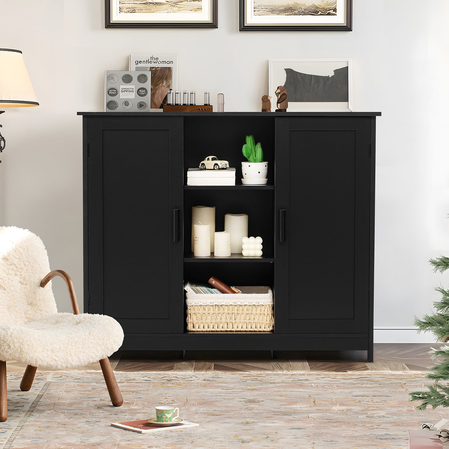 Iwell Buffet Cabinet, Storage Cabinet with 2 Doors and 2 Open Shelves, Coffee Bar Cabinet, Sideboard for Kitchen, Bedroom, Living Room, Entryway, Black