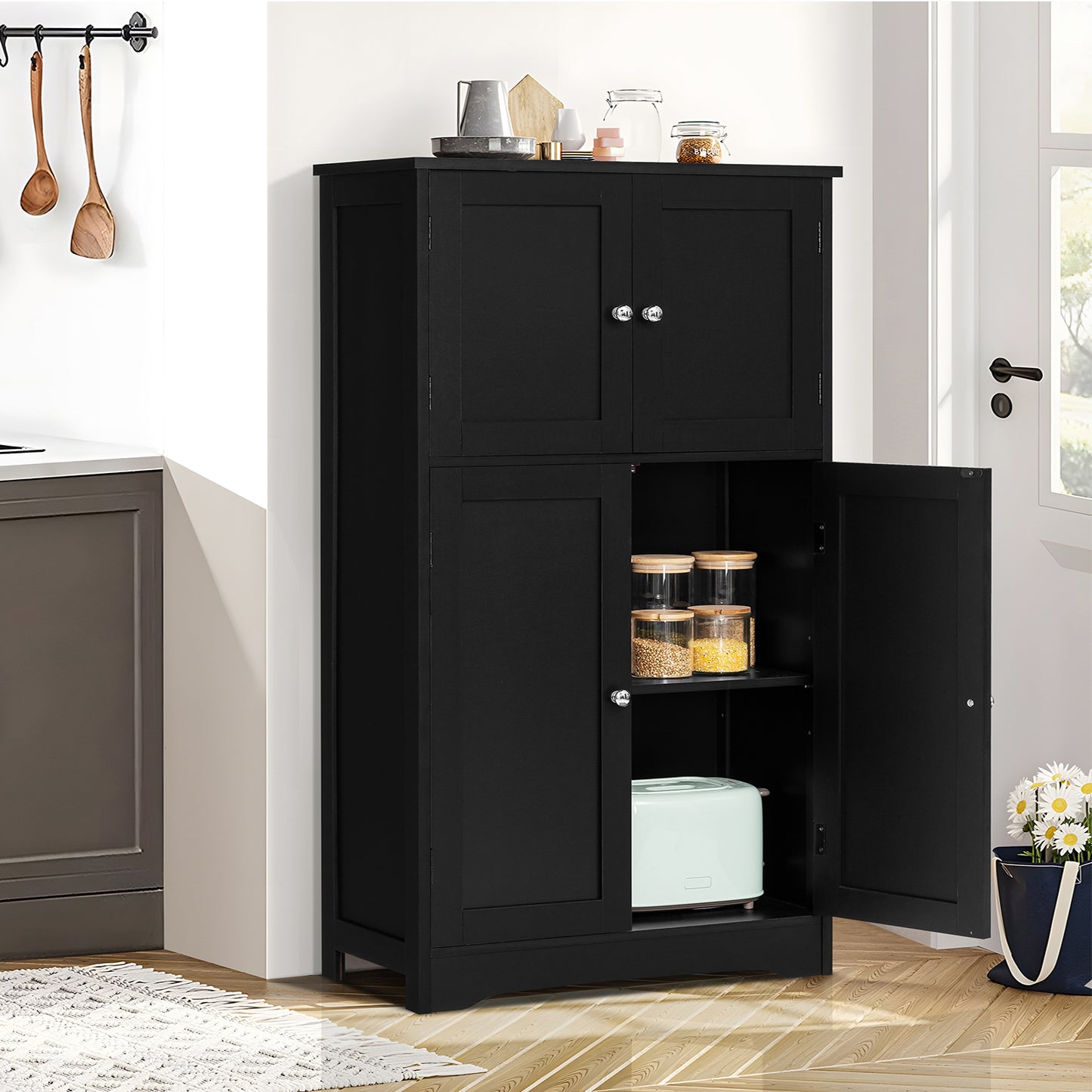 Iwell Storage Cabinet, Bathroom Storage Cabinet with 4 Doors & Adjustable Shelf, Storage Cabinet for Living Room, Entry, Home Office, Bedroom, Black