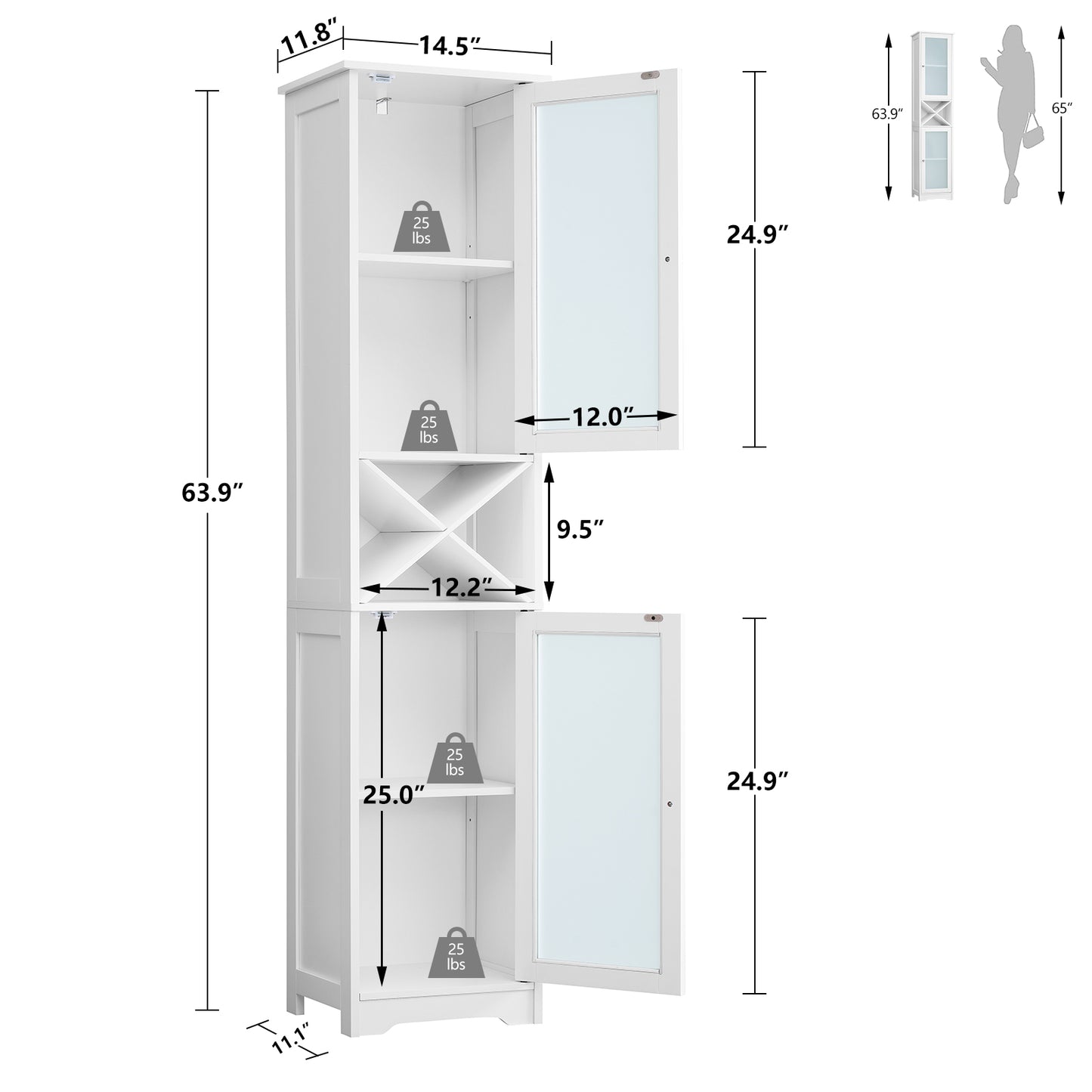 Iwell Tall Bathroom Storage Cabinet with 2 Doors & Adjustable Shelves, Bathroom Floor Cabinet with Removable X-Shaped Stand, Linen Cabinet, Narrow Cabinet for Bathroom, Living Room, White