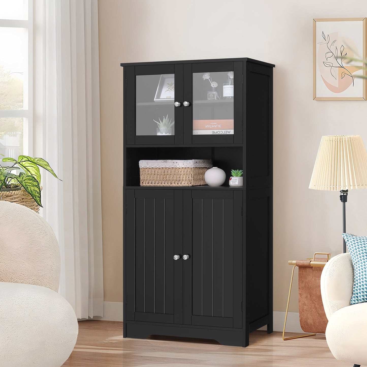 Iwell Bathroom Cabinet, Bathroom Storage Cabinet with Glass Doors & Adjustble Shelf, Large Display Cabinet with Open Compartment, Pantry Cabinet, Storage Cabinet for Living Room, Home Office, Black