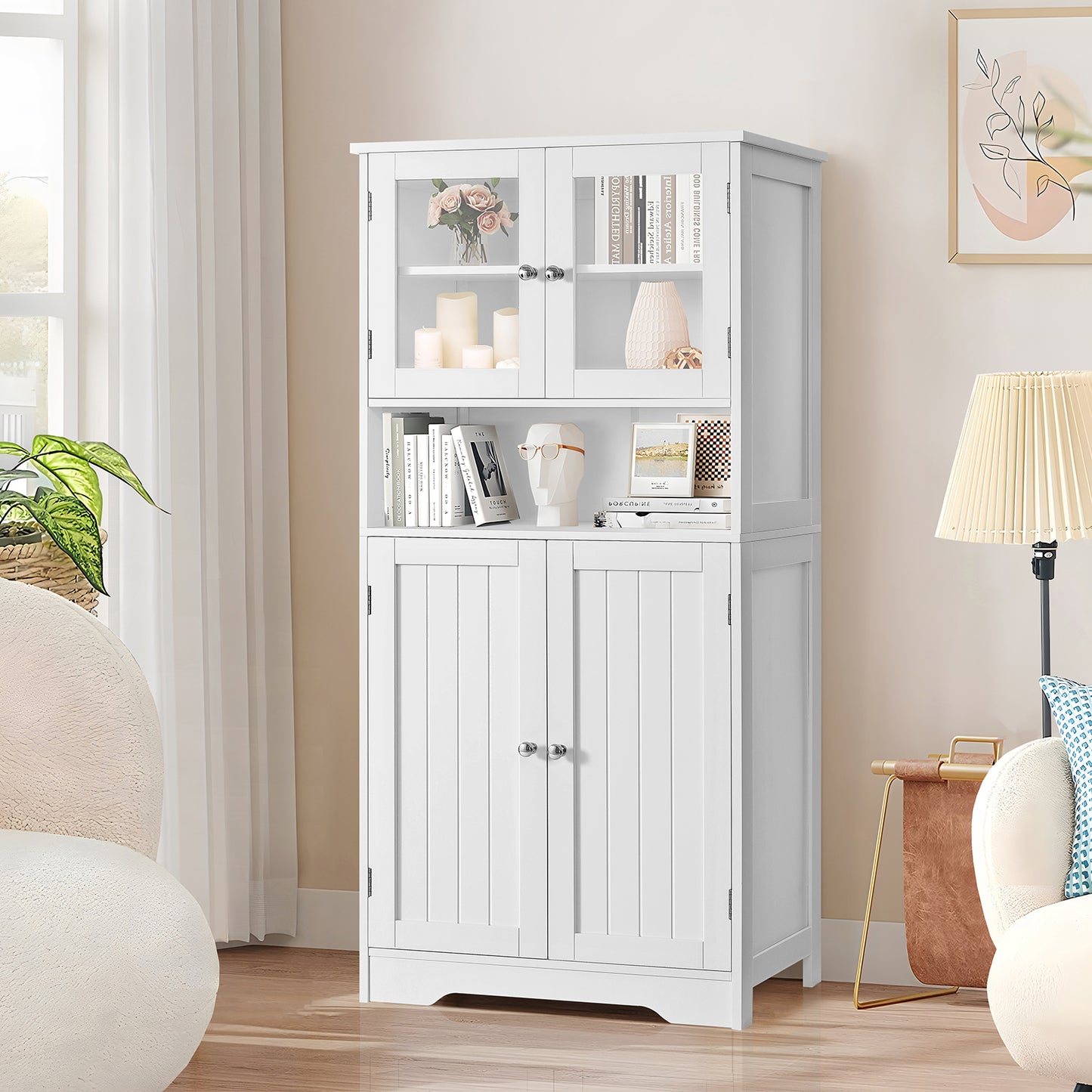 Iwell Tall Bathroom Cabinet, Bathroom Storage Cabinet with Glass Doors & Adjustble Shelf, Linen Cabinet with Open Compartment, Pantry Cabinet, Cupboard for Living Room, Home Office, White