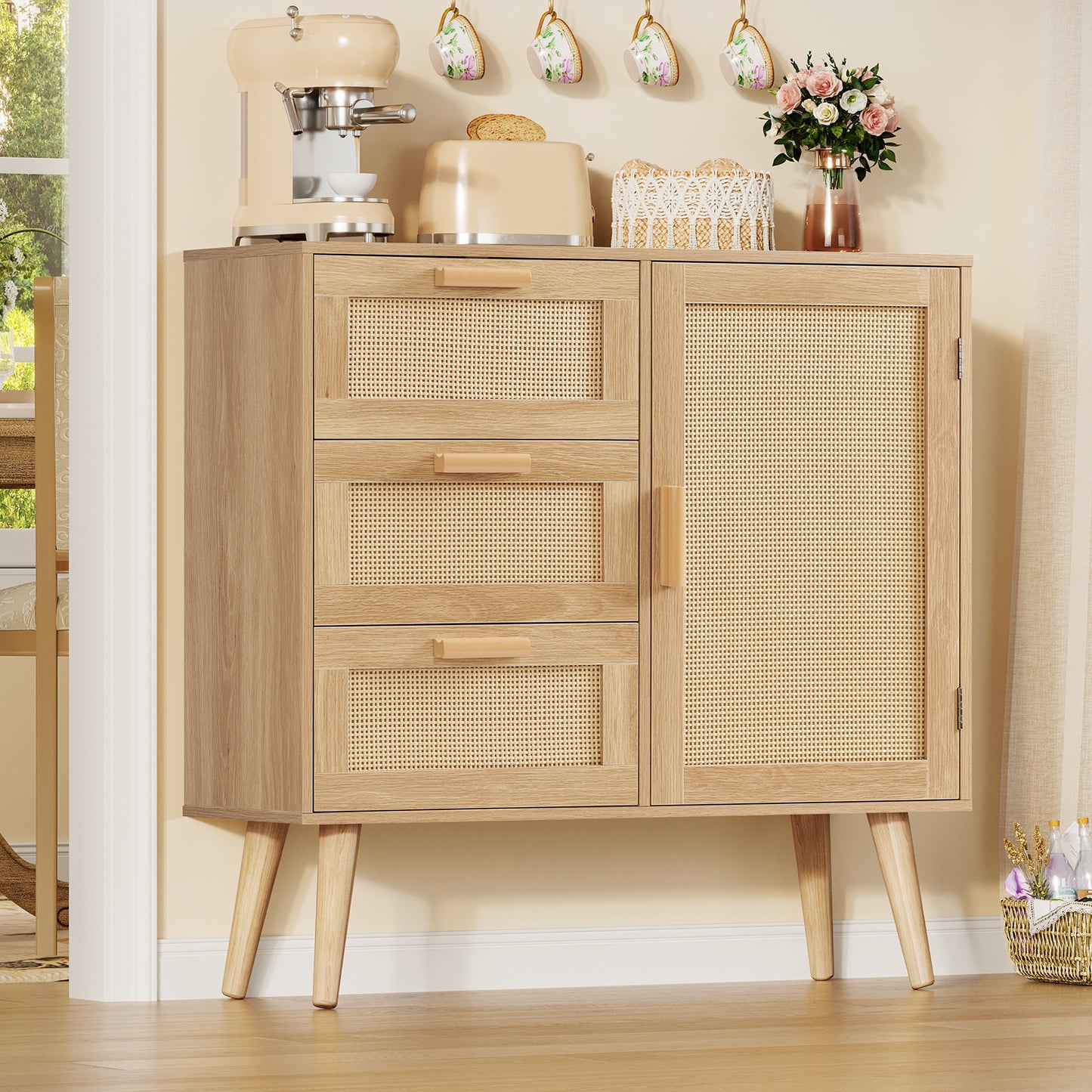 Iwell Storage Cabinet with 3 Drawers, Rattan Cabinet with Adjustable Shelf, Small Storage Cabinets, for Living Room, Entryway, Natural