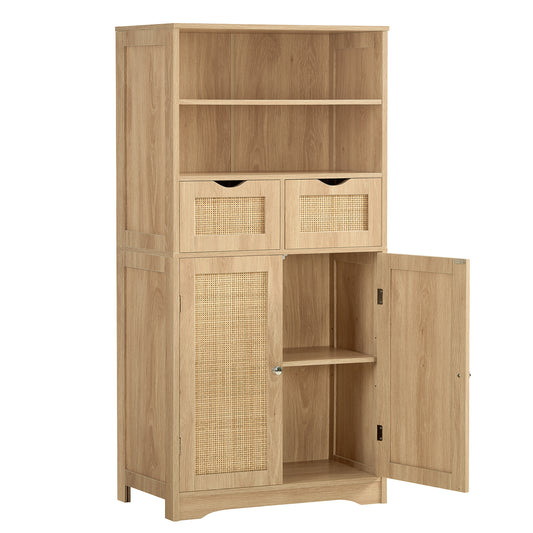 Iwell Tall Storage Cabinet, Rattan Cabinet with 2 Drawers & Adjustable Shelf, Kitchen Pantry Storage Cabient, Entryway Cabinet for Living Room, Dining Room, Home Office, Natural