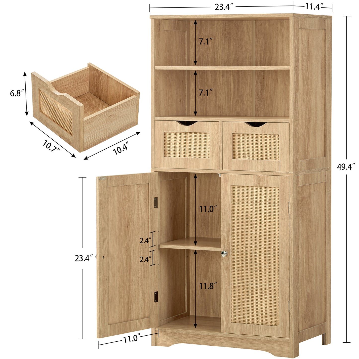 Iwell Tall Storage Cabinet, Rattan Cabinet with 2 Drawers & Adjustable Shelf, Kitchen Pantry Storage Cabient, Entryway Cabinet for Living Room, Dining Room, Home Office, Natural