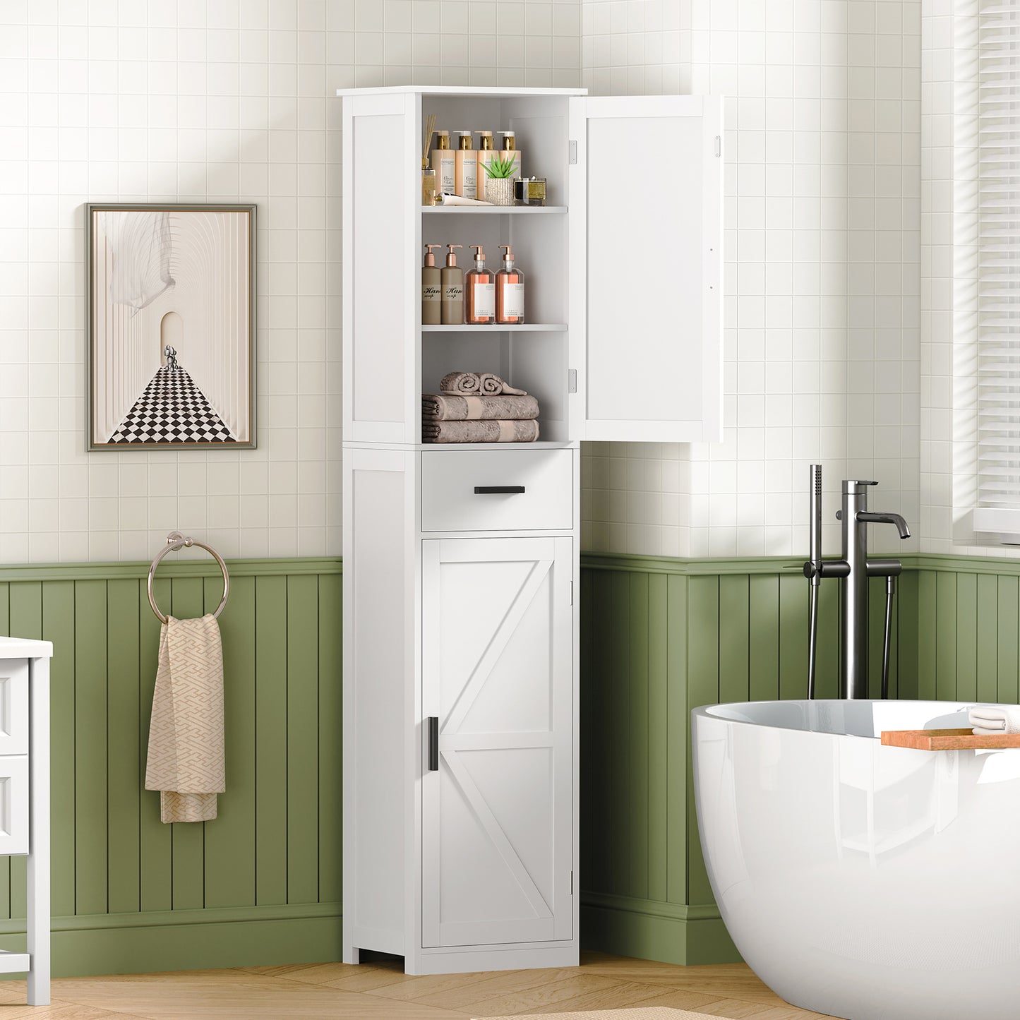 Tall Bathroom Cabinet, Storage Cabinet with 6 Shelves & Drawer, Bathroom Storage Cabinet with Adjustable Shelves, Tall Cabinet for Living Room, Home Office, White
