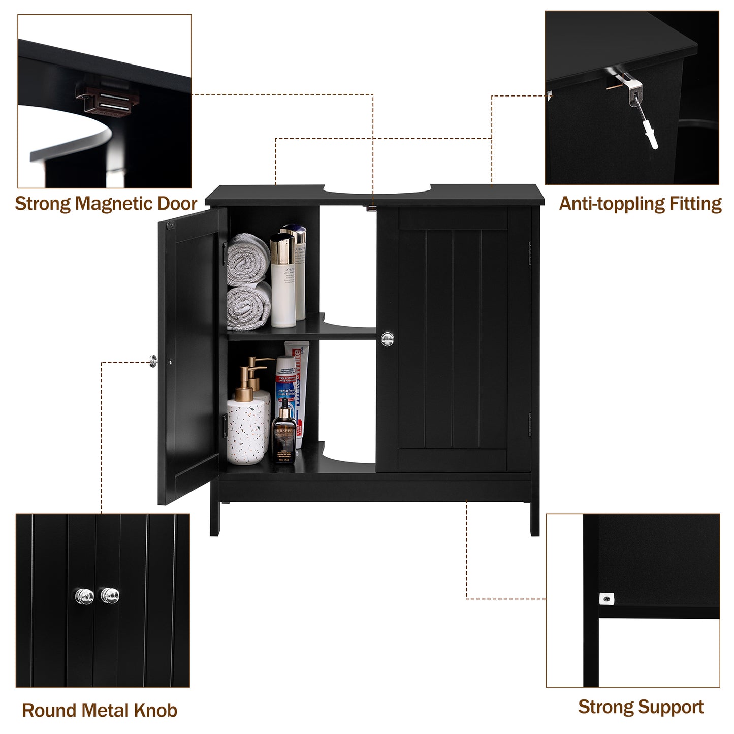 Iwell Under Sink Storage Cabinet with 2 Doors and Shelf, Pedestal Sink Bathroom Vanity Cabinet, Space Saver Organizer, Black