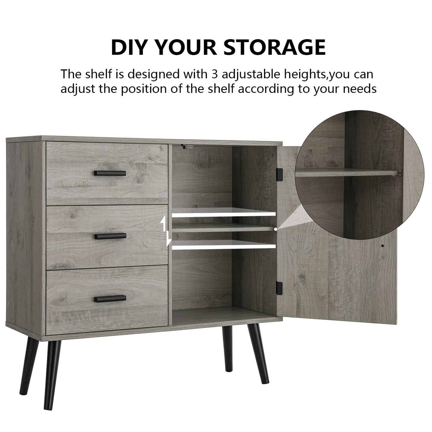 Iwell Storage Cabinet with 3 Drawers & Adjustable Shelf, Sideboard Buffet Cabinet, Small Freestanding Floor Storage Unit, for Living Room, Home Office, Rustic Grey