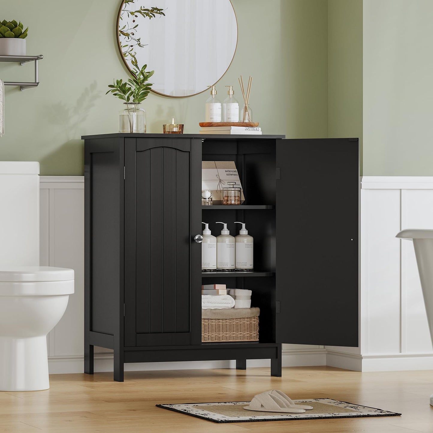 IWELL Black Bathroom Cabinet with 2 Doors, 3 Heights Available, Free Standing Floor Storage Cabinet for Bathroom, Living Room, Kitchen, Black
