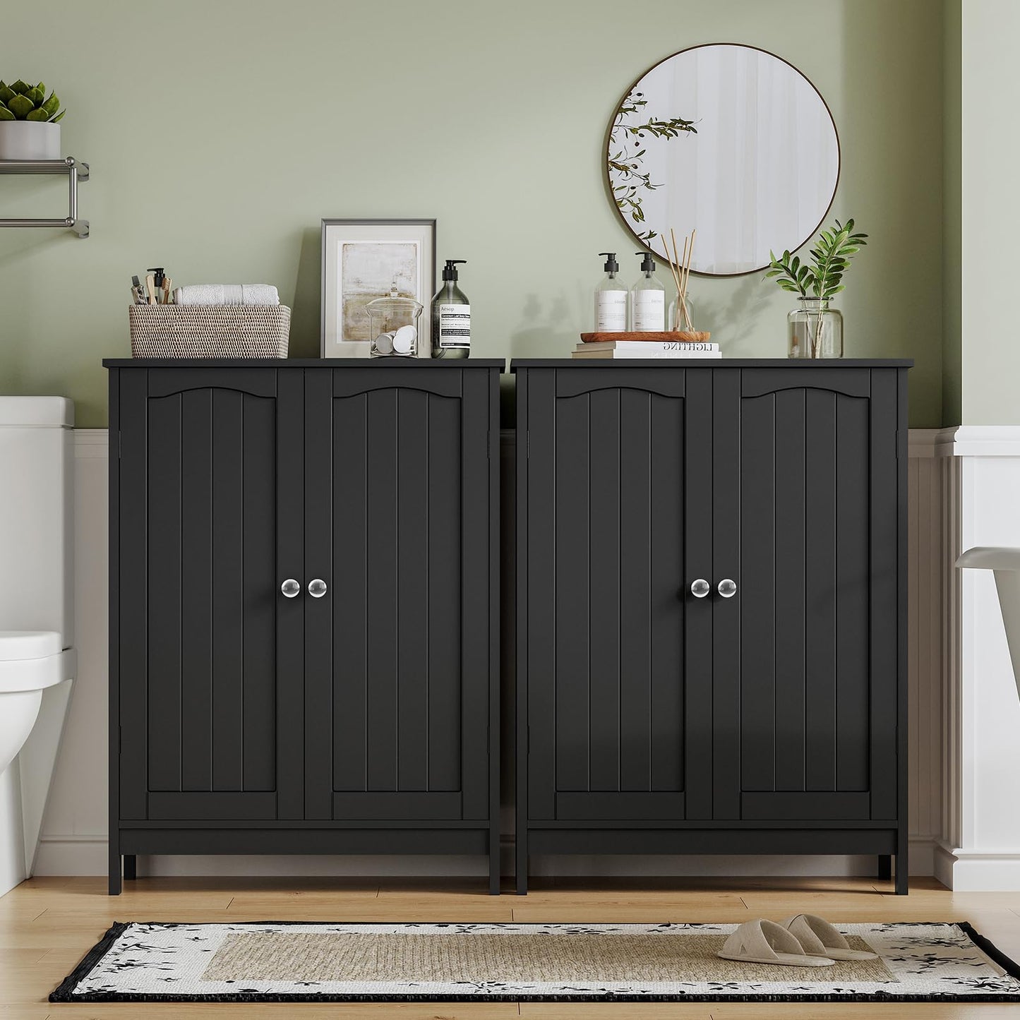 IWELL Black Bathroom Cabinet with 2 Doors, 3 Heights Available, Free Standing Floor Storage Cabinet for Bathroom, Living Room, Kitchen, Black