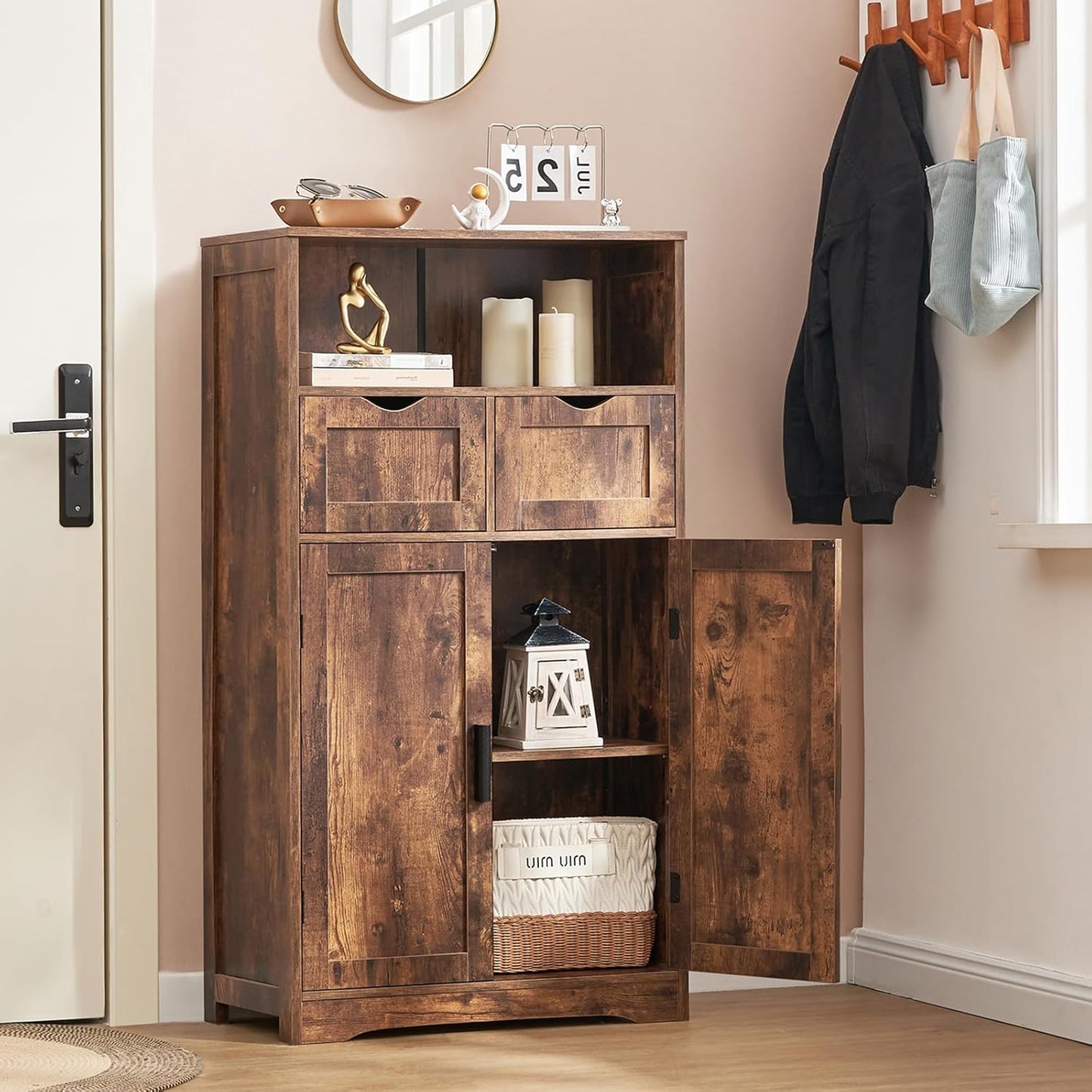 IWELL Storage Cabinet with 2 Adjustable Drawers & 2 Shelf, Bathroom Floor Cabinet with Door, Cupboard for Living Room, Home Office, Kitchen, Rustic Brown
