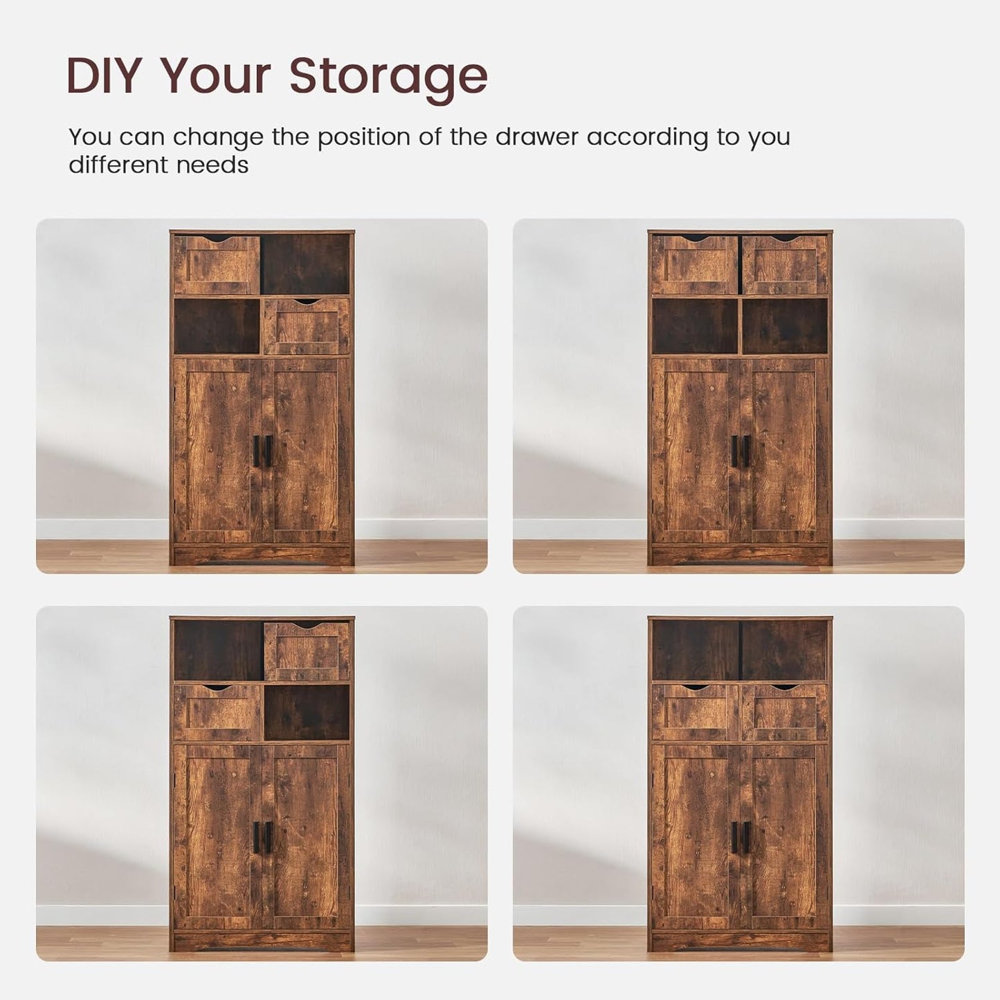 IWELL Storage Cabinet with 2 Adjustable Drawers & 2 Shelf, Bathroom Floor Cabinet with Door, Cupboard for Living Room, Home Office, Kitchen, Rustic Brown