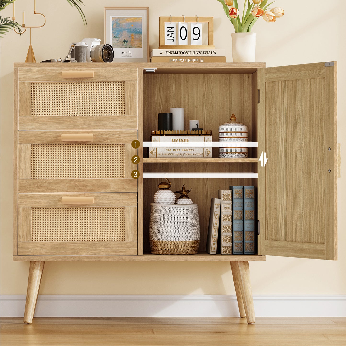 Iwell Storage Cabinet with 3 Drawers, Rattan Cabinet with Adjustable Shelf, Small Storage Cabinets, for Living Room, Entryway, Natural