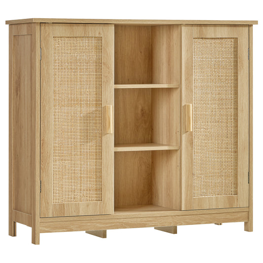 Iwell Rattan Storage Cabinet with 4 Adjustable Shelves, Coffee Bar Cabinet, Sideboard Buffet for Kitchen, Living Room, Entryway, Natural