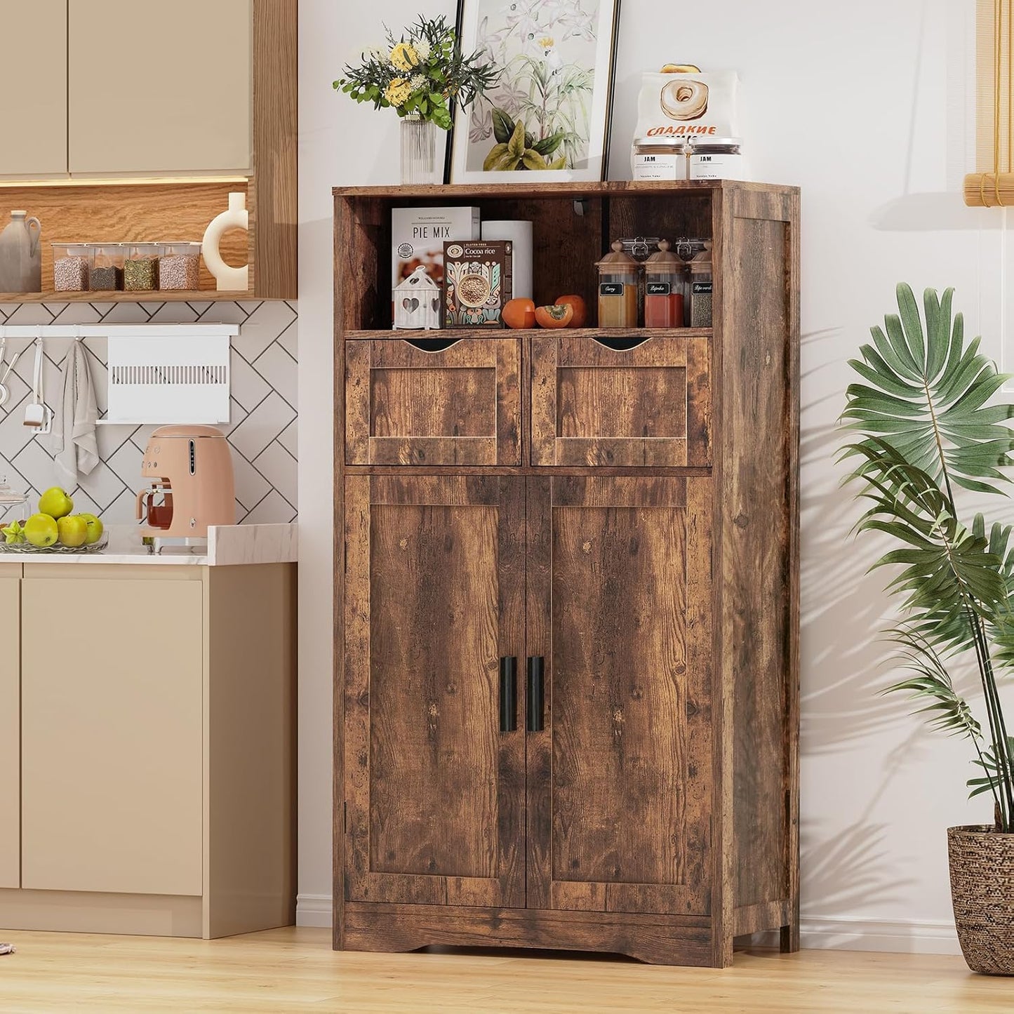 IWELL Storage Cabinet with 2 Adjustable Drawers & 2 Shelf, Bathroom Floor Cabinet with Door, Cupboard for Living Room, Home Office, Kitchen, Rustic Brown