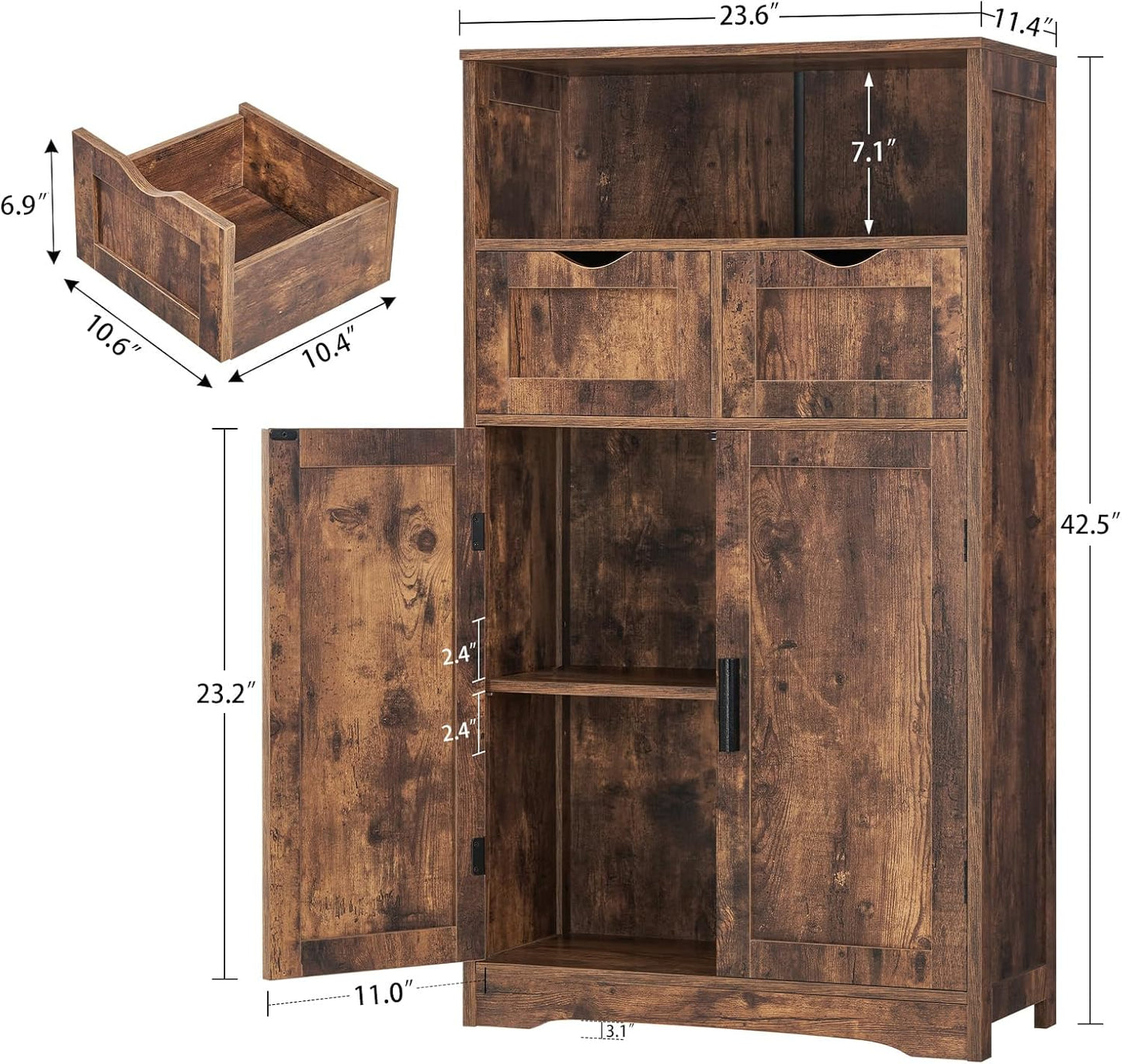 IWELL Storage Cabinet with 2 Adjustable Drawers & 2 Shelf, Bathroom Floor Cabinet with Door, Cupboard for Living Room, Home Office, Kitchen, Rustic Brown