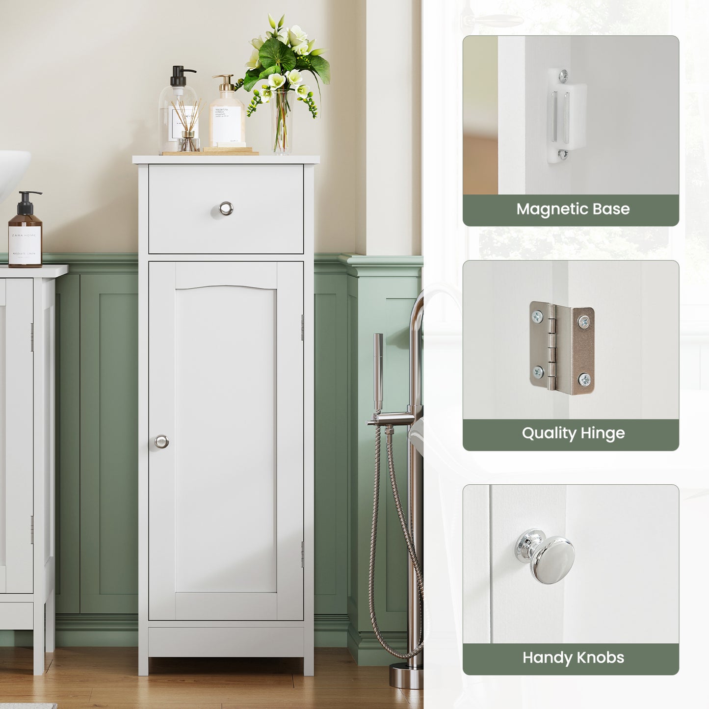 Iwell Bathroom Floor Cabinet, Small Bathroom Storage Cabinet with Drawer & Storage Shelf, Free-Standing Organizer Cabinets for Hallway/Living Room, White