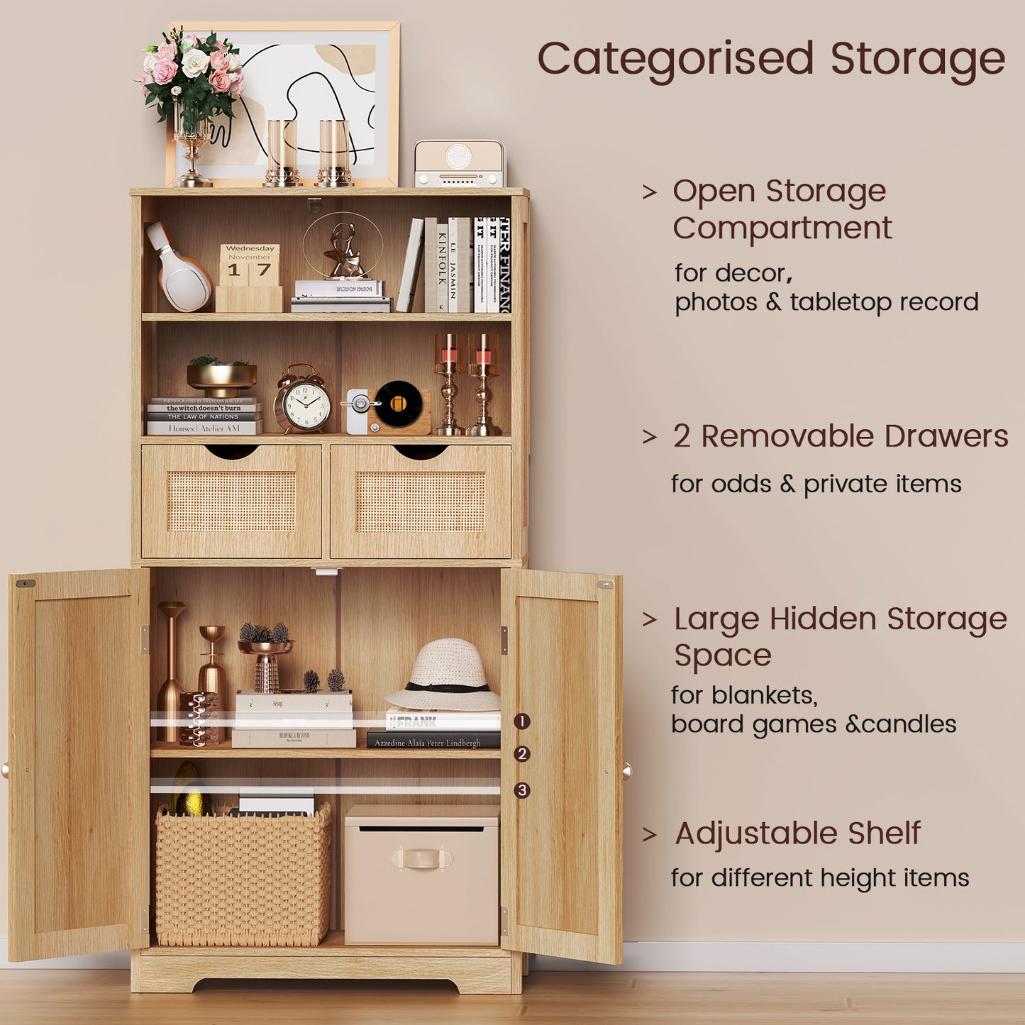 Iwell Tall Storage Cabinet, Rattan Cabinet with 2 Drawers & Adjustable Shelf, Kitchen Pantry Storage Cabient, Entryway Cabinet for Living Room, Dining Room, Home Office, Natural