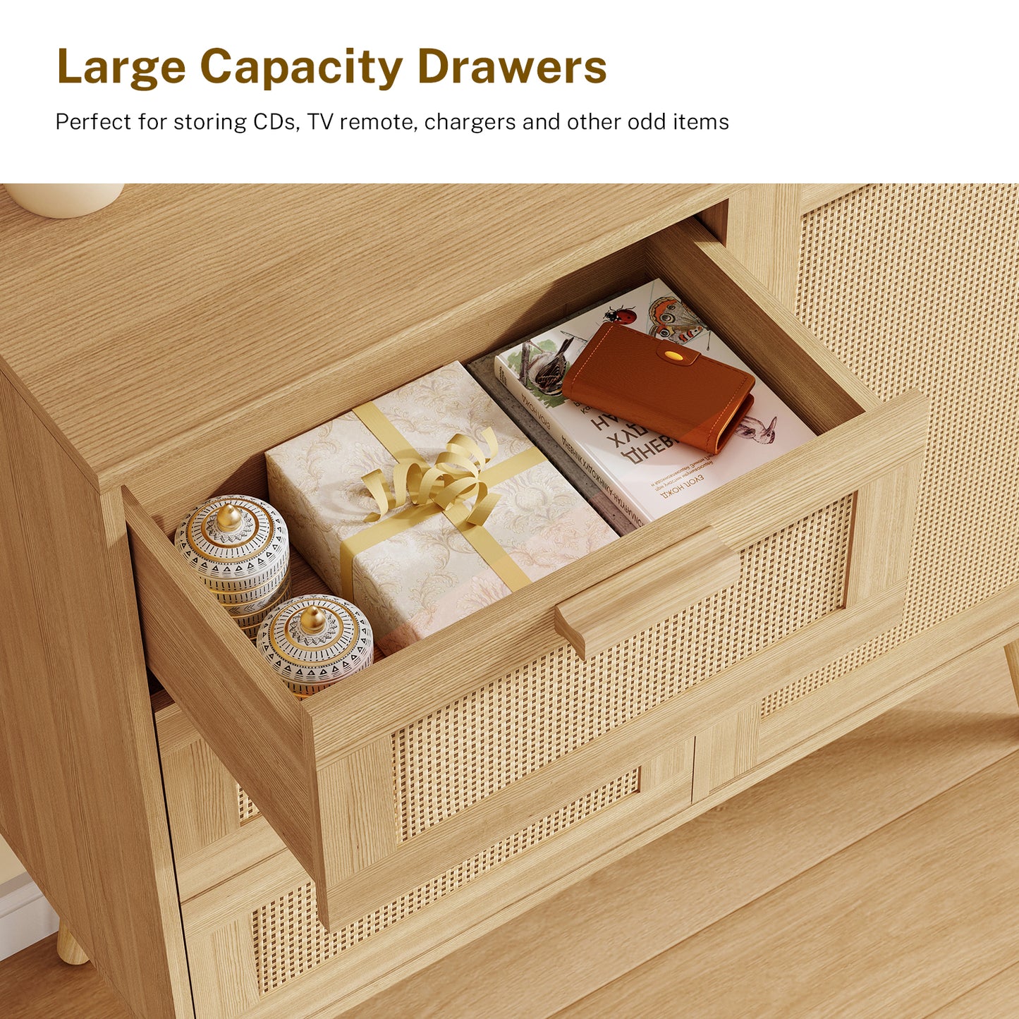 Iwell Storage Cabinet with 3 Drawers, Rattan Cabinet with Adjustable Shelf, Small Storage Cabinets, for Living Room, Entryway, Natural