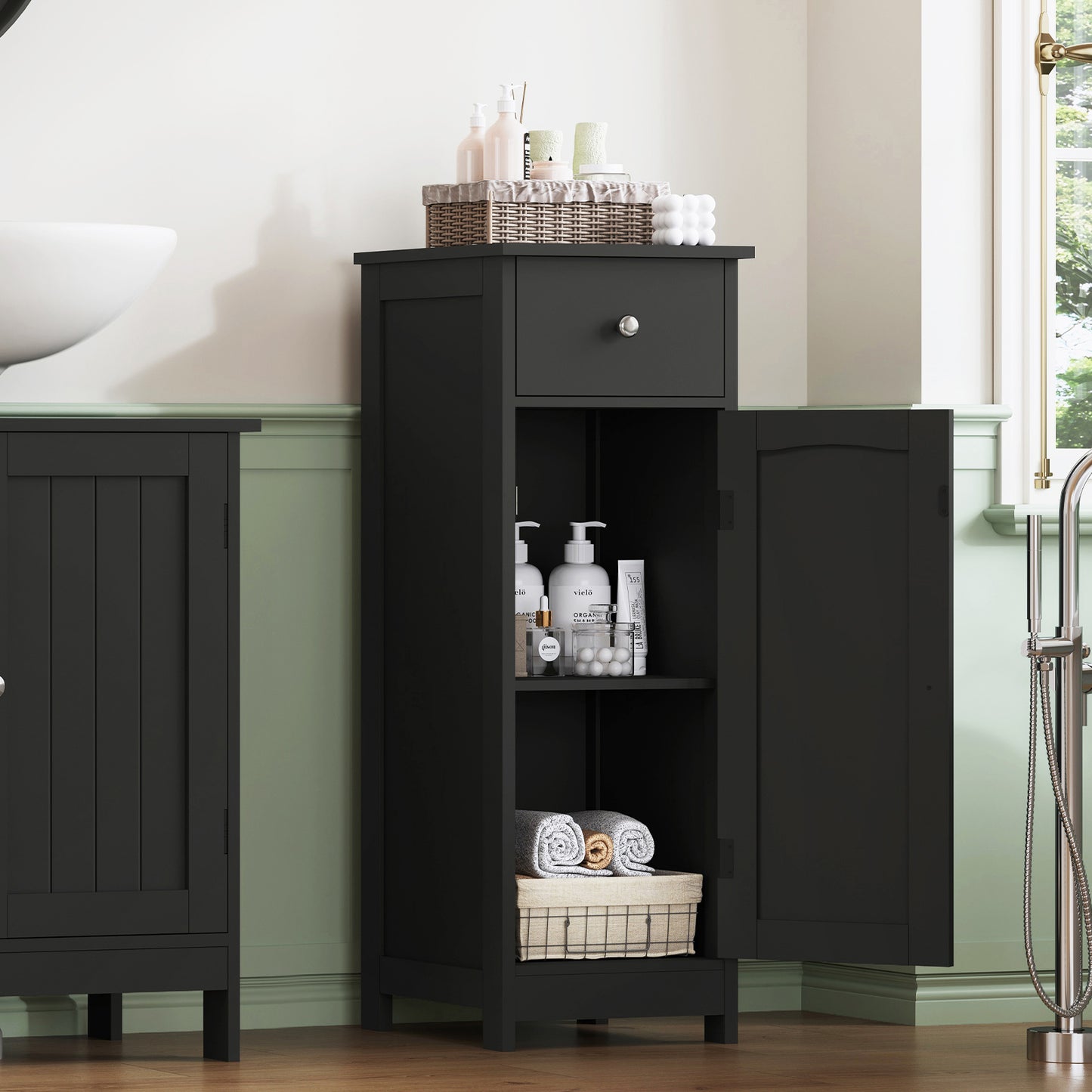 Iwell Bathroom Floor Cabinet, Small Bathroom Storage Cabinet with Drawer & Storage Shelf, Free-Standing Organizer Cabinets for Hallway/Living Room, White