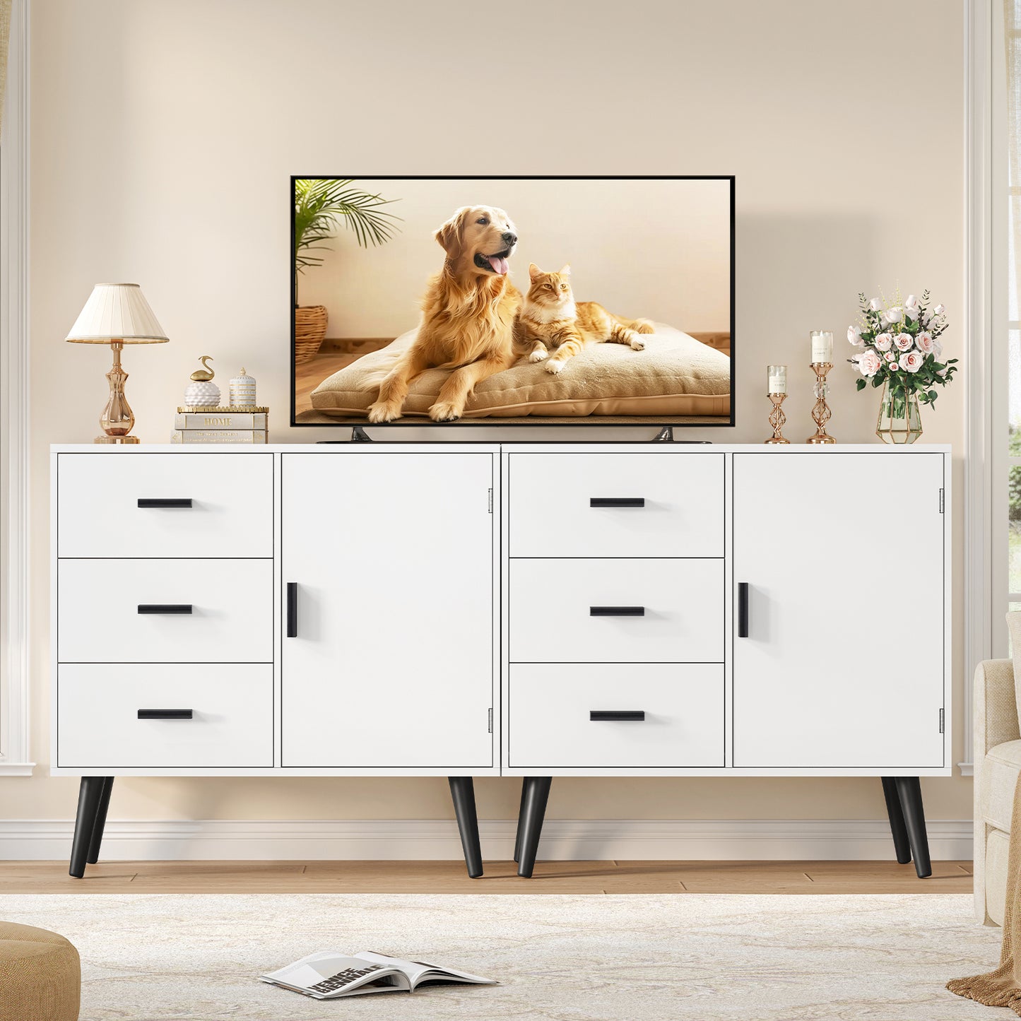 Iwell Storage Cabinet with 3 Drawers, Sideboard Buffet Cabinet with Adjustable Shelf, Freestanding Floor Storage Unit for Living Room, Entryway, Home Office, White