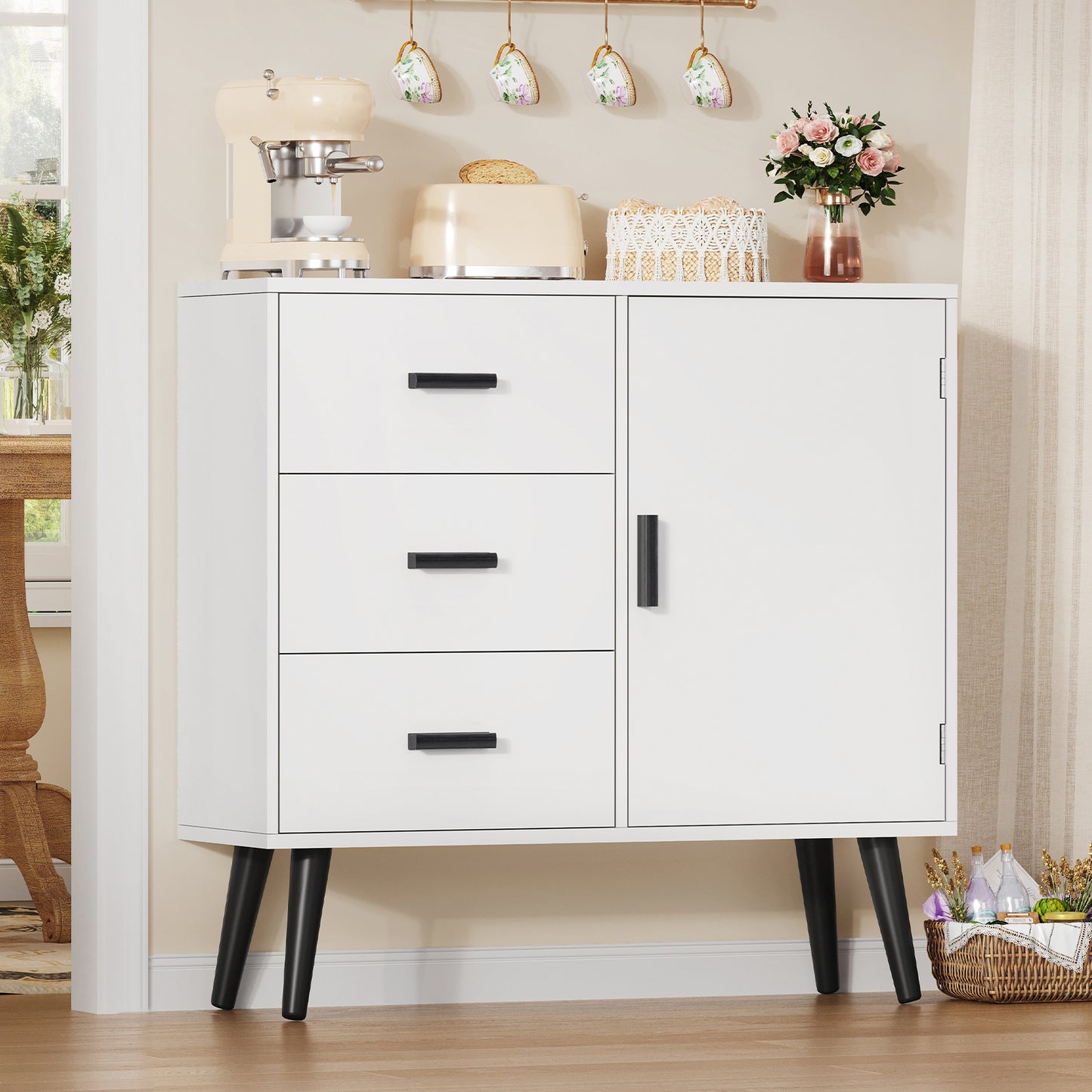 Iwell Storage Cabinet with 3 Drawers, Sideboard Buffet Cabinet with Adjustable Shelf, Freestanding Floor Storage Unit for Living Room, Entryway, Home Office, White
