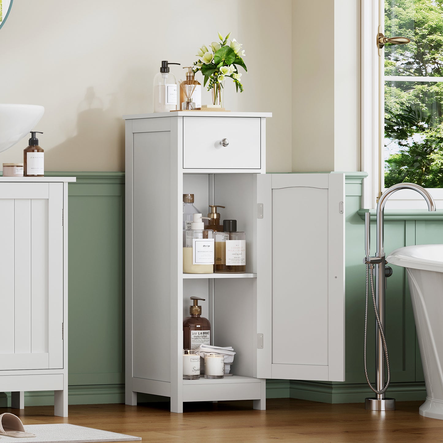 Iwell Bathroom Floor Cabinet, Small Bathroom Storage Cabinet with Drawer & Storage Shelf, Free-Standing Organizer Cabinets for Hallway/Living Room, White