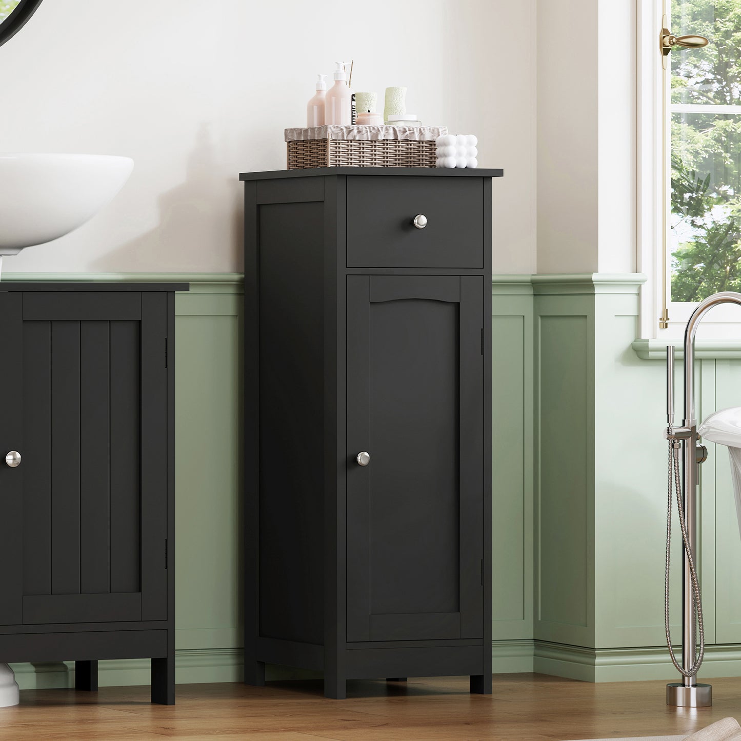 Iwell Bathroom Floor Cabinet, Small Bathroom Storage Cabinet with Drawer & Storage Shelf, Free-Standing Organizer Cabinets for Hallway/Living Room, White