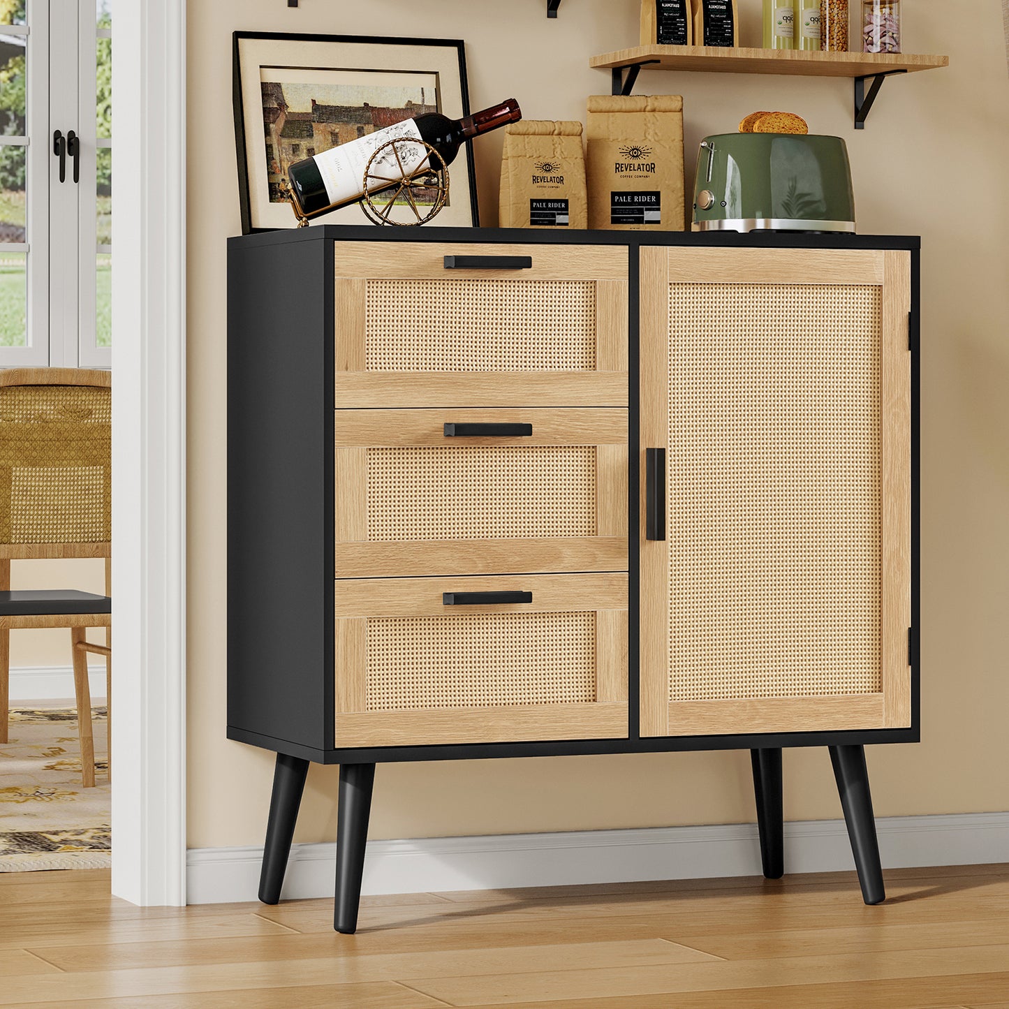 Iwell Storage Cabinet with Rattan Door & 3 Drawers, Rattan Cabinet with Adjustable Shelf, Sideboard Buffet Cabinets with Storage, Entryway Cabinets, for Living Room, Dining Room, Entryway, Black
