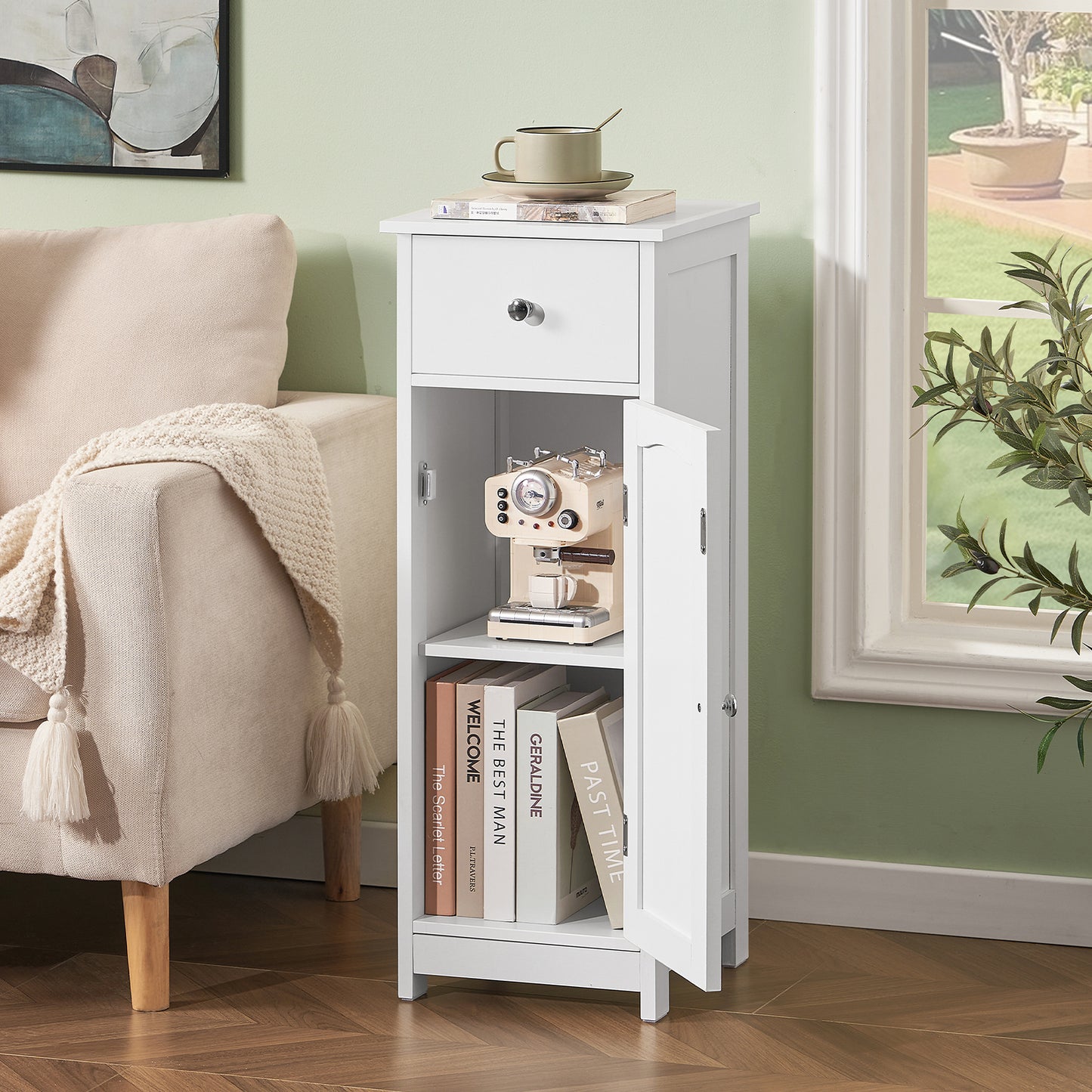 Iwell Bathroom Floor Cabinet, Small Bathroom Storage Cabinet with Drawer & Storage Shelf, Free-Standing Organizer Cabinets for Hallway/Living Room, White