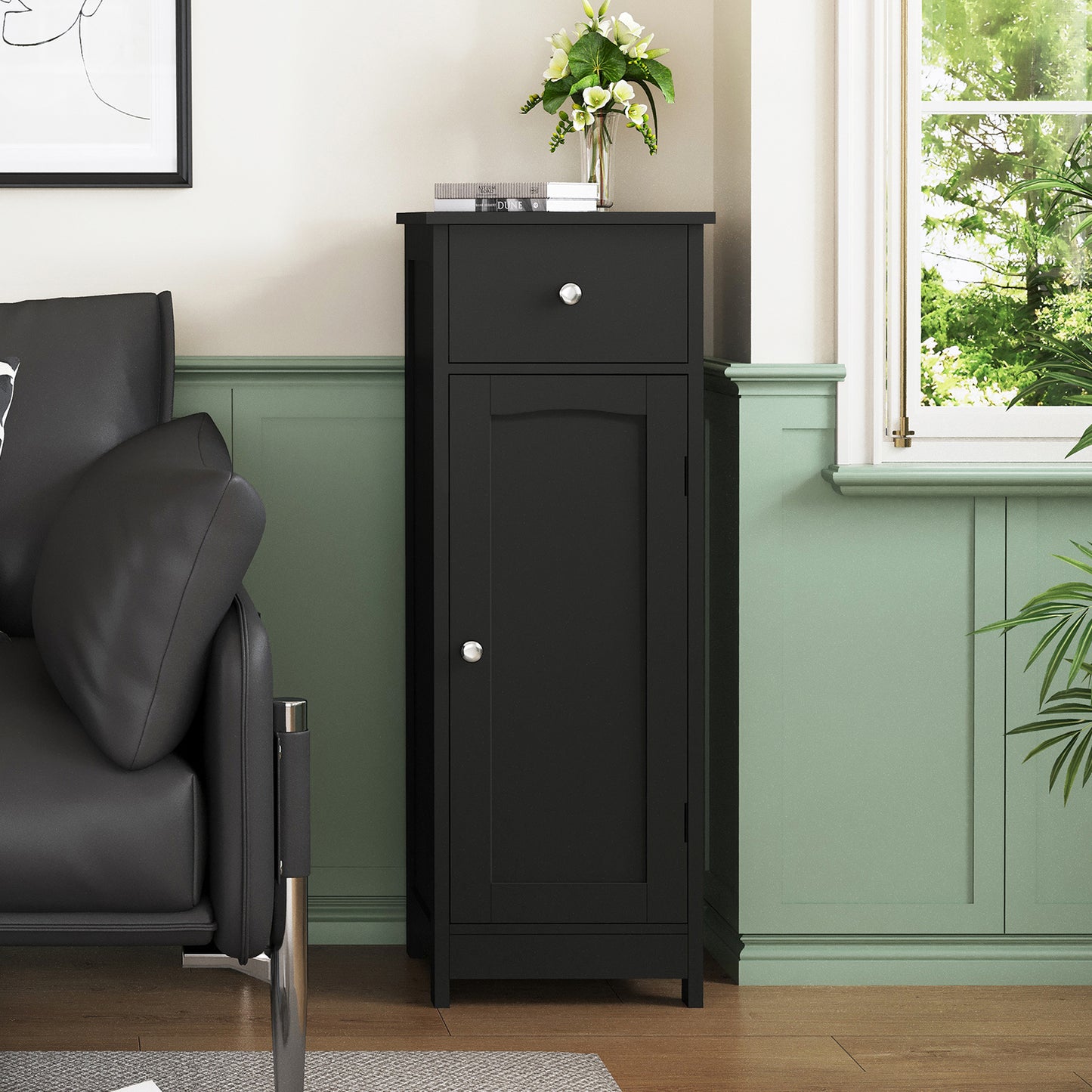 Iwell Bathroom Floor Cabinet, Small Bathroom Storage Cabinet with Drawer & Storage Shelf, Free-Standing Organizer Cabinets for Hallway/Living Room, White