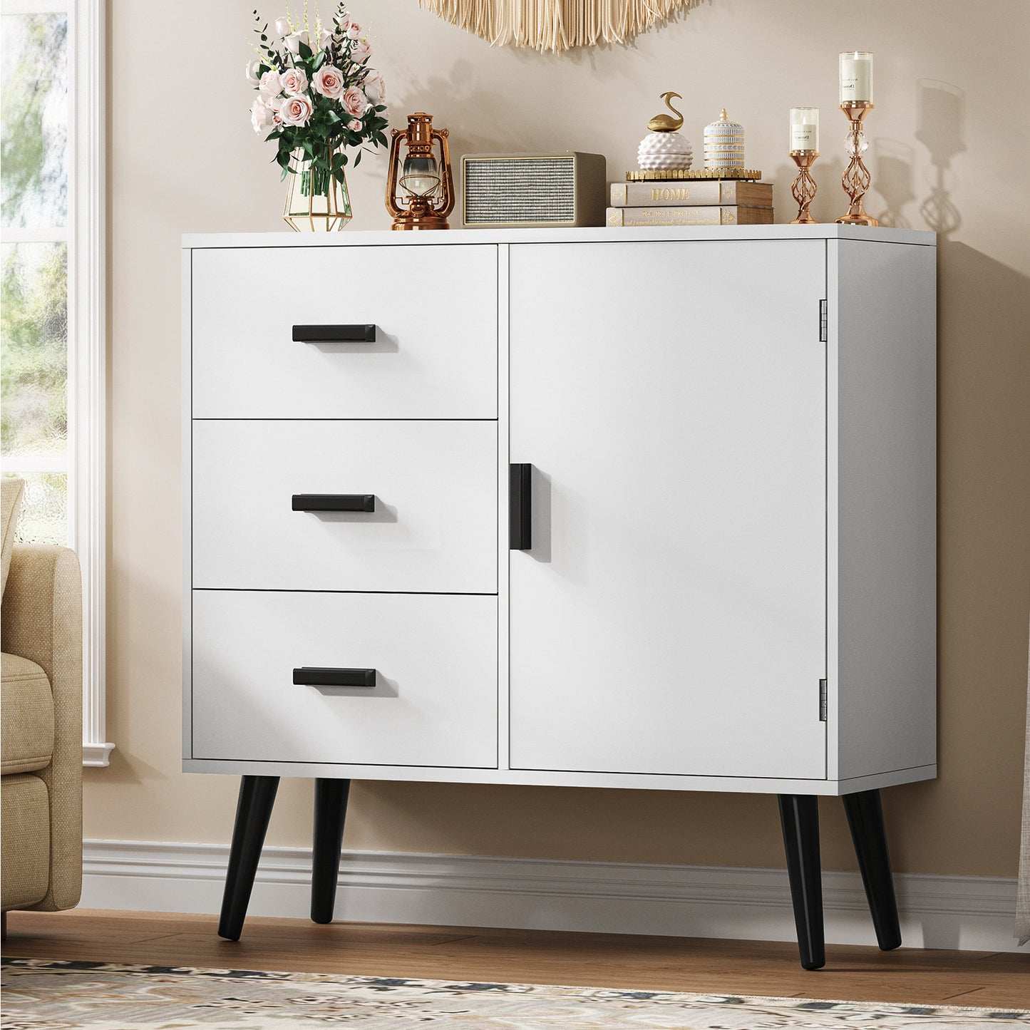 Iwell Storage Cabinet with 3 Drawers, Sideboard Buffet Cabinet with Adjustable Shelf, Freestanding Floor Storage Unit for Living Room, Entryway, Home Office, White