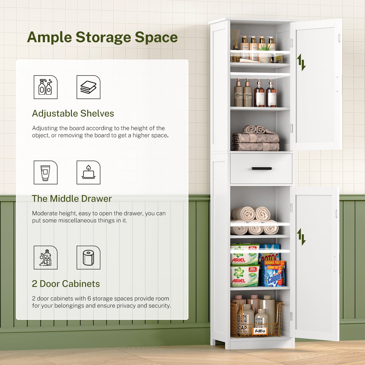 Tall Bathroom Cabinet, Storage Cabinet with 6 Shelves & Drawer, Bathroom Storage Cabinet with Adjustable Shelves, Tall Cabinet for Living Room, Home Office, White