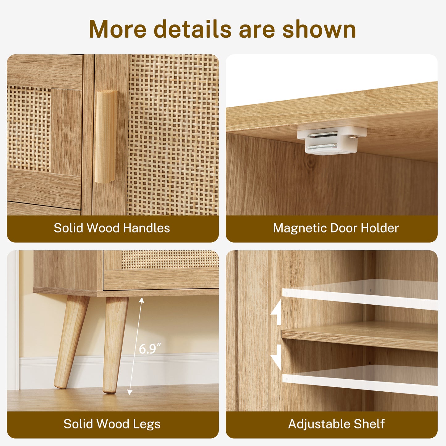 Iwell Storage Cabinet with 3 Drawers, Rattan Cabinet with Adjustable Shelf, Small Storage Cabinets, for Living Room, Entryway, Natural