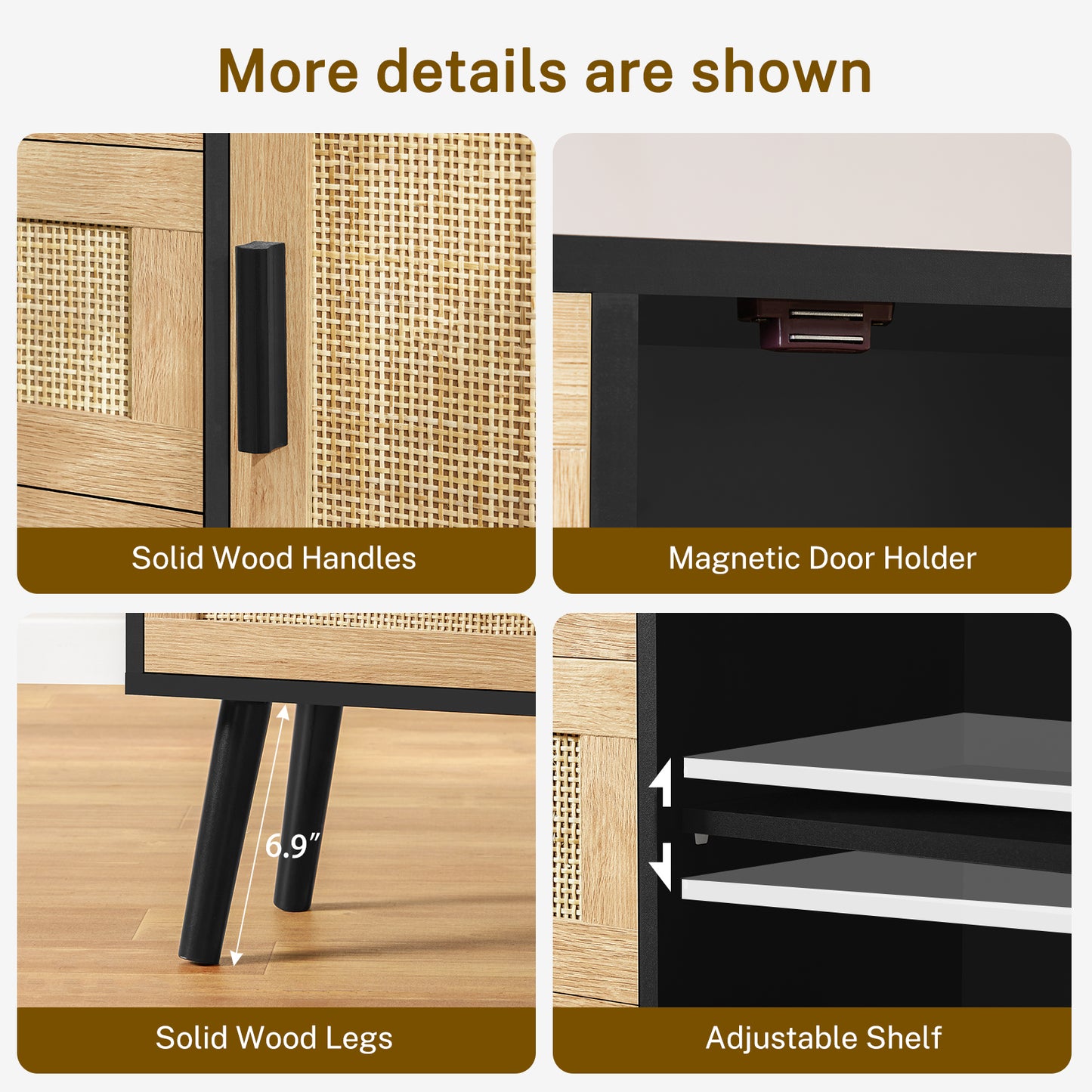 Iwell Storage Cabinet with Rattan Door & 3 Drawers, Rattan Cabinet with Adjustable Shelf, Sideboard Buffet Cabinets with Storage, Entryway Cabinets, for Living Room, Dining Room, Entryway, Black